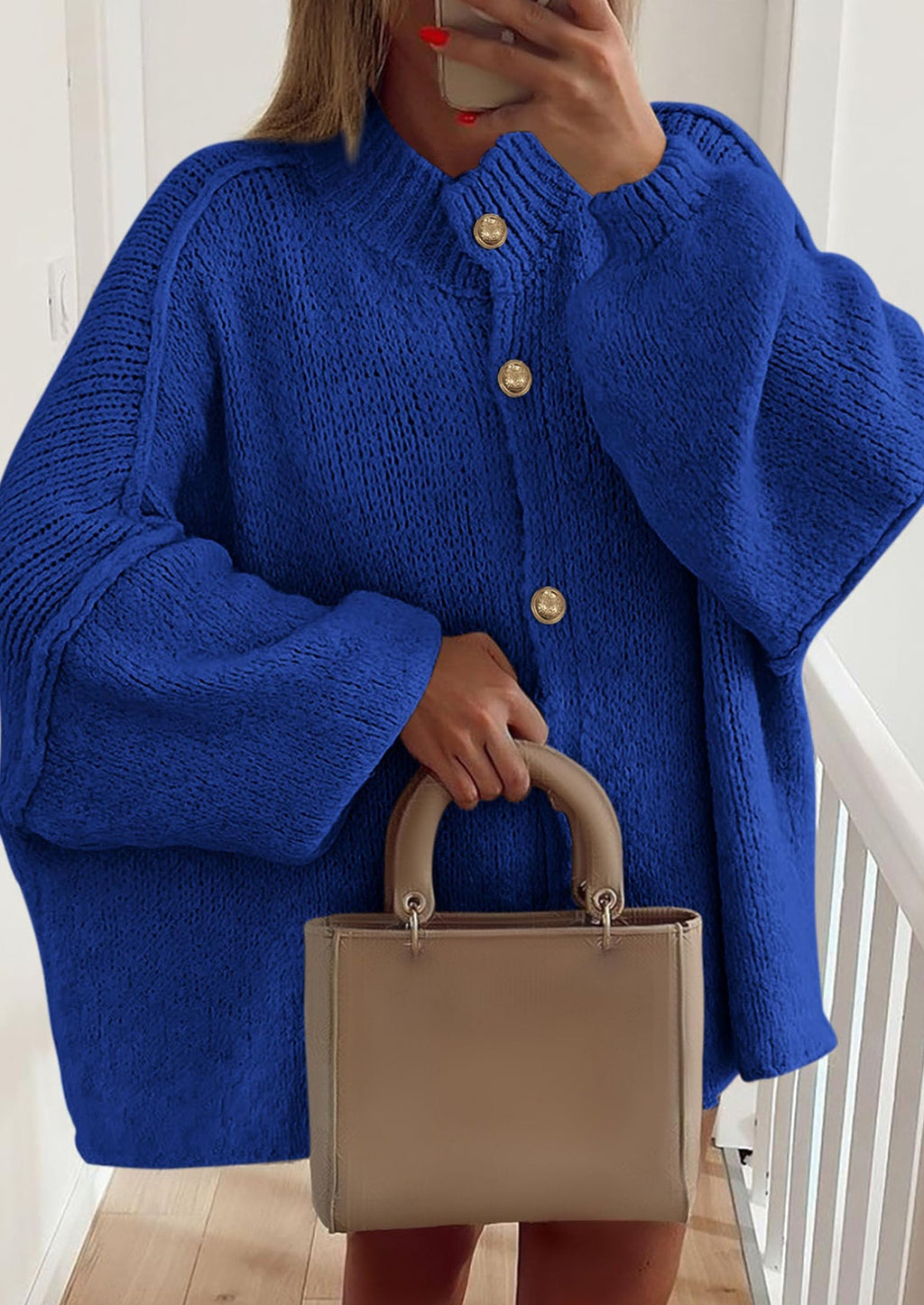 Women's Winter Button Down Cardigan Sweaters Mock Neck Lantern Long Sleeve Chunky Knit Jacket Trendy Outerwear