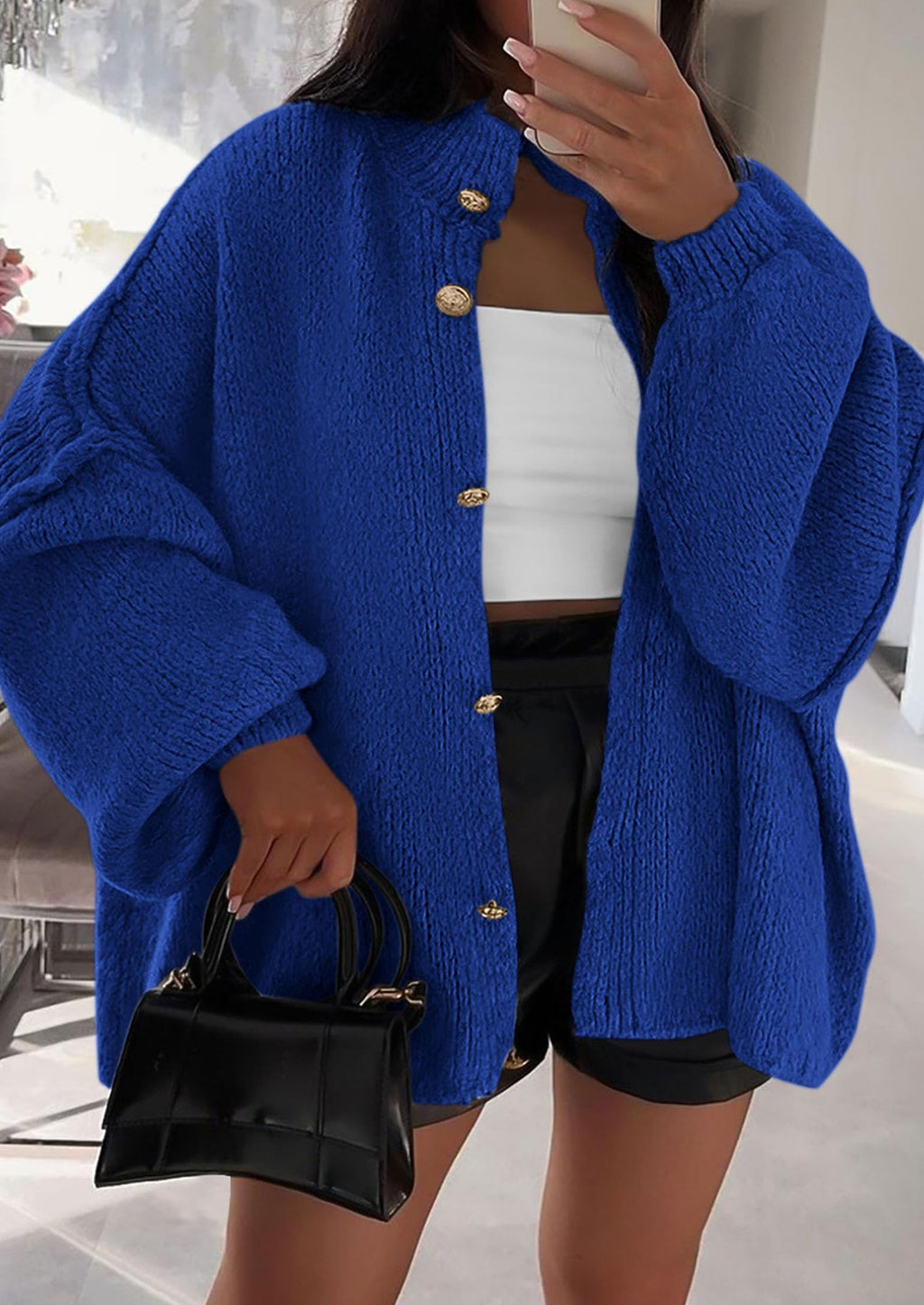 Women's Winter Button Down Cardigan Sweaters Mock Neck Lantern Long Sleeve Chunky Knit Jacket Trendy Outerwear