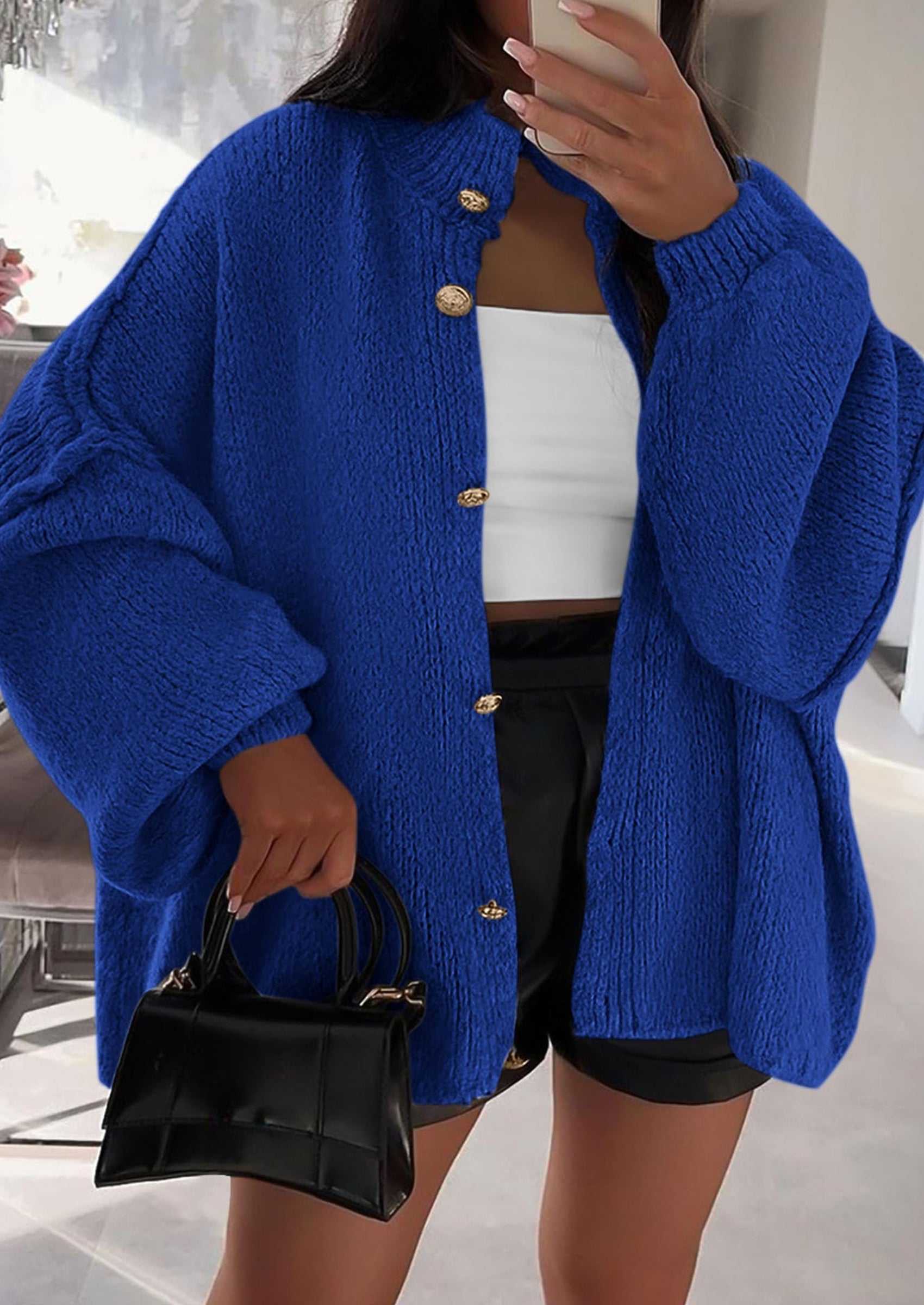 Women's Winter Button Down Cardigan Sweaters Mock Neck Lantern Long Sleeve Chunky Knit Jacket Trendy Outerwear