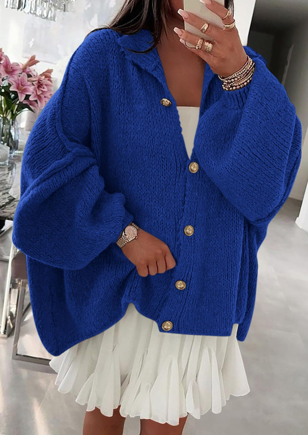 Women's Winter Button Down Cardigan Sweaters Mock Neck Lantern Long Sleeve Chunky Knit Jacket Trendy Outerwear