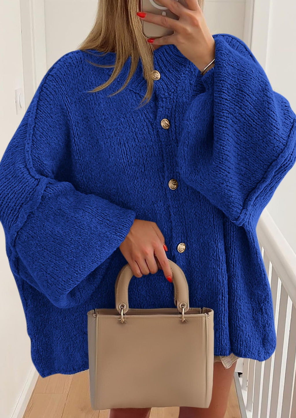 Women's Winter Button Down Cardigan Sweaters Mock Neck Lantern Long Sleeve Chunky Knit Jacket Trendy Outerwear