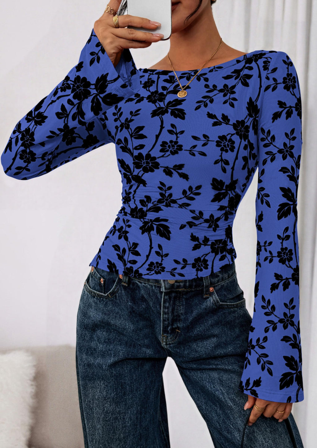 Women Long Sleeve Floral Mesh Tops Blouse  Fall Trendy Boat Neck Ruched Fitted Shirt Going Out Date Outfits
