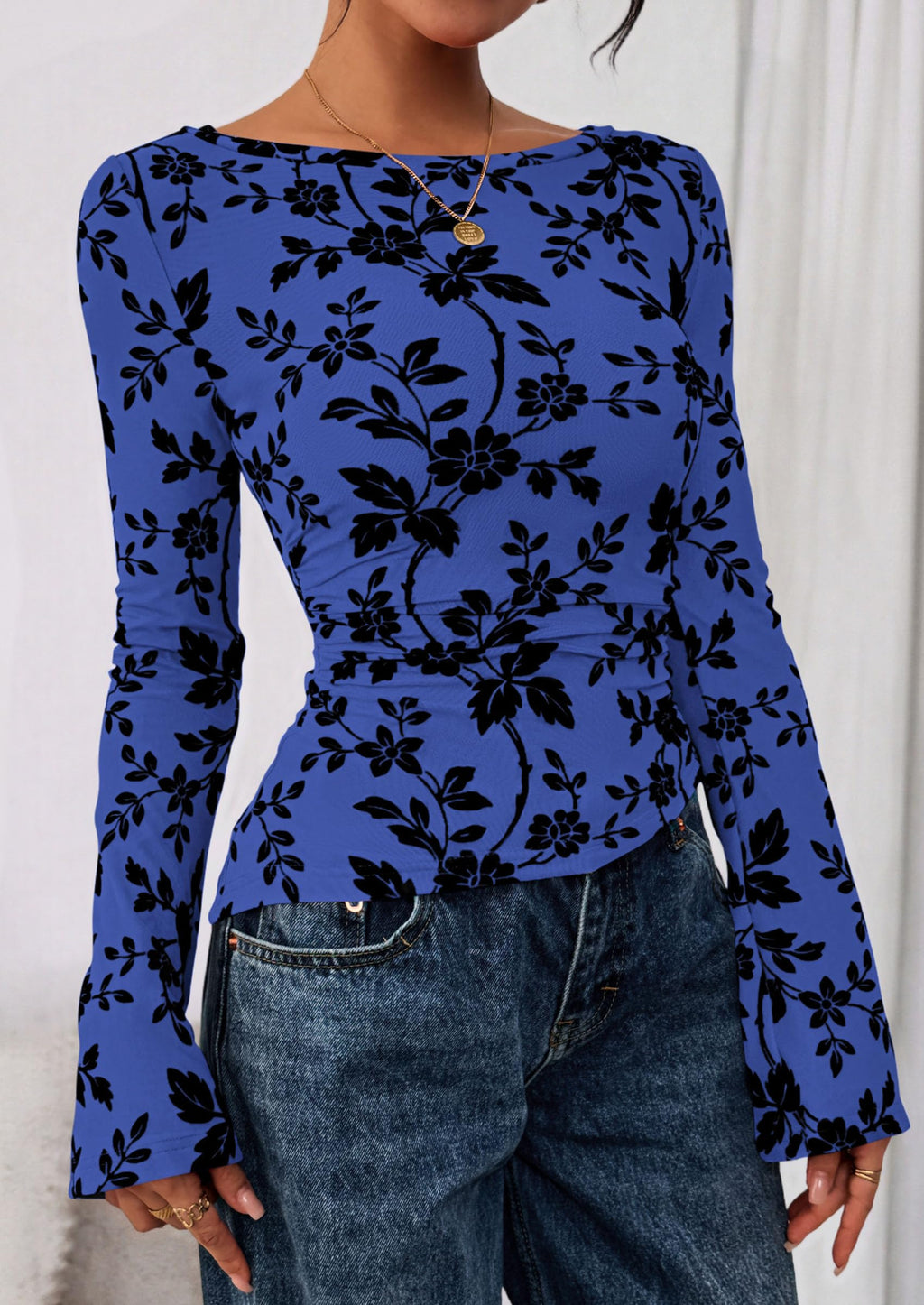 Women Long Sleeve Floral Mesh Tops Blouse  Fall Trendy Boat Neck Ruched Fitted Shirt Going Out Date Outfits