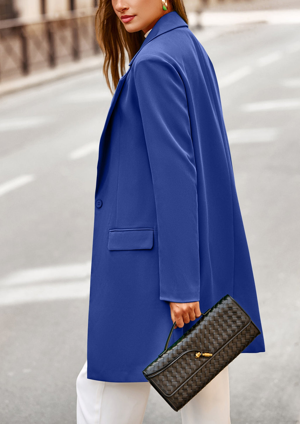 Women's Spring Fall Long Blazer Jackets Long Sleeve Lapel Pockets Loose Fit Work Casual Blazers Outerwear