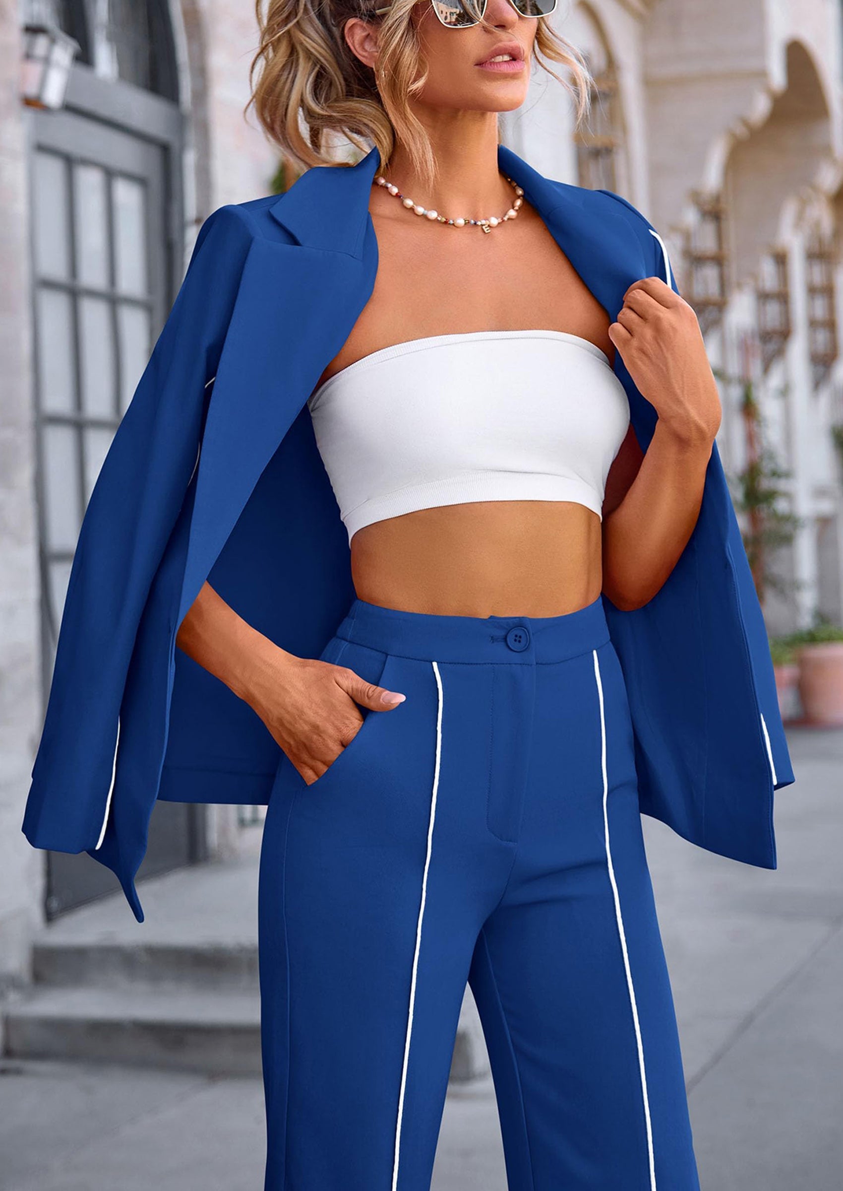 2 Piece Blazer Outfits Business Casual Oversized Jacket Wide Leg Work Pants Dressy Suit Set