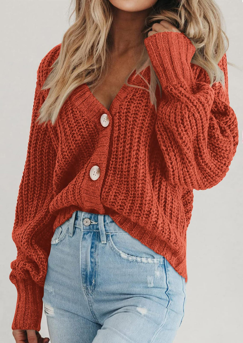 Women's Chunky Knit Open Front Sweater Long Sleeve Button Loose Short Cardigan Outerwear Coats