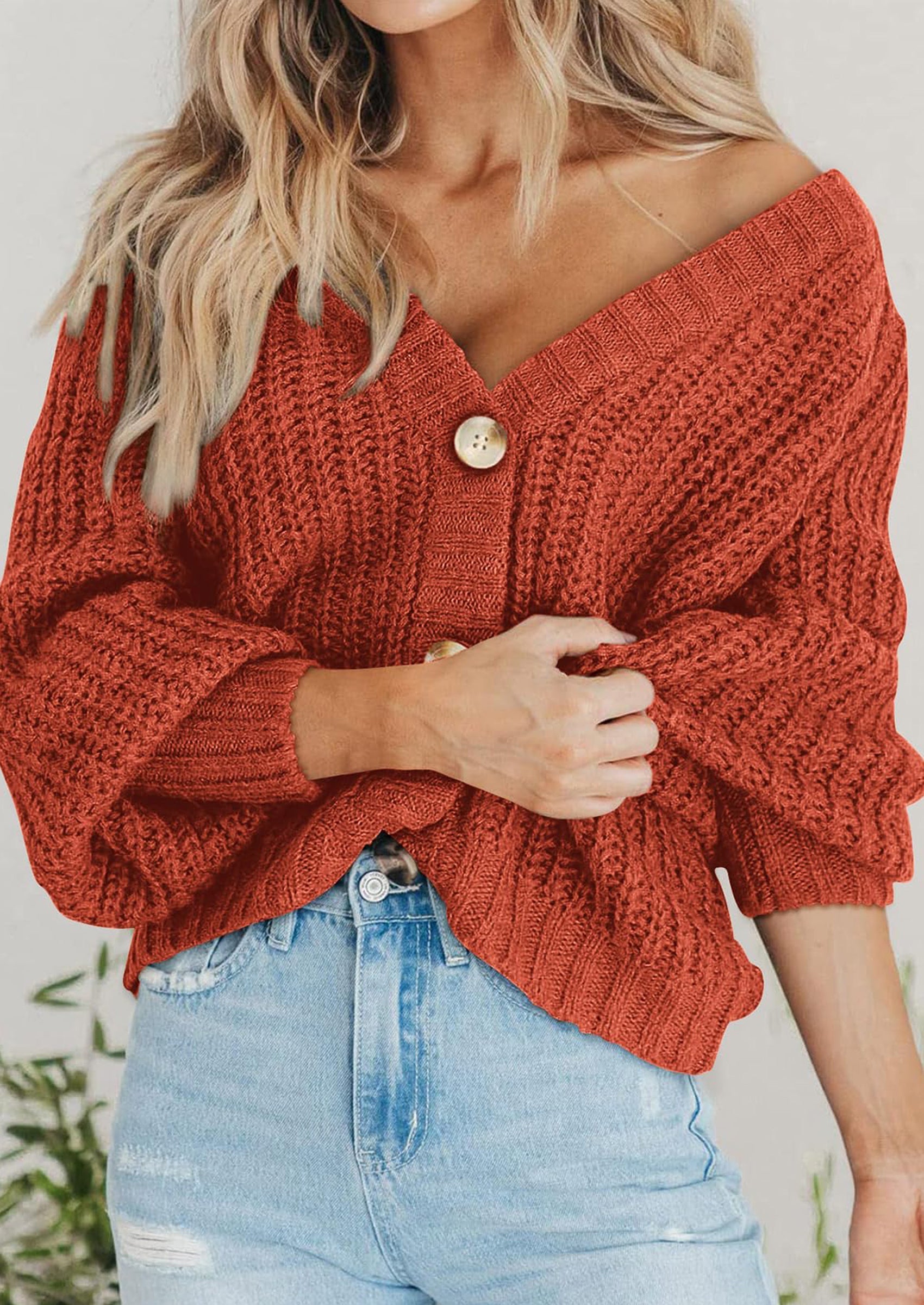 Women's Chunky Knit Open Front Sweater Long Sleeve Button Loose Short Cardigan Outerwear Coats