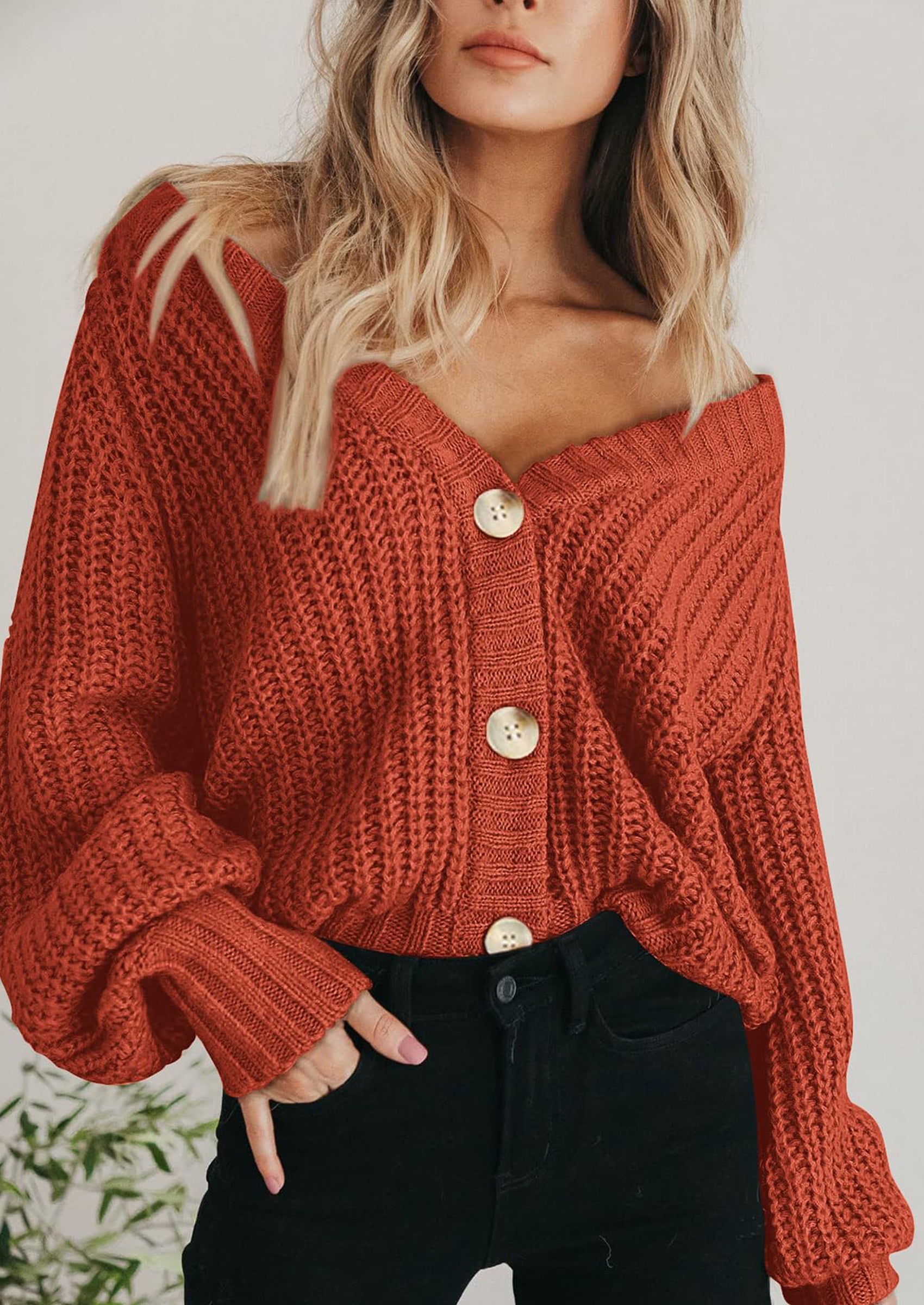 Women's Chunky Knit Open Front Sweater Long Sleeve Button Loose Short Cardigan Outerwear Coats