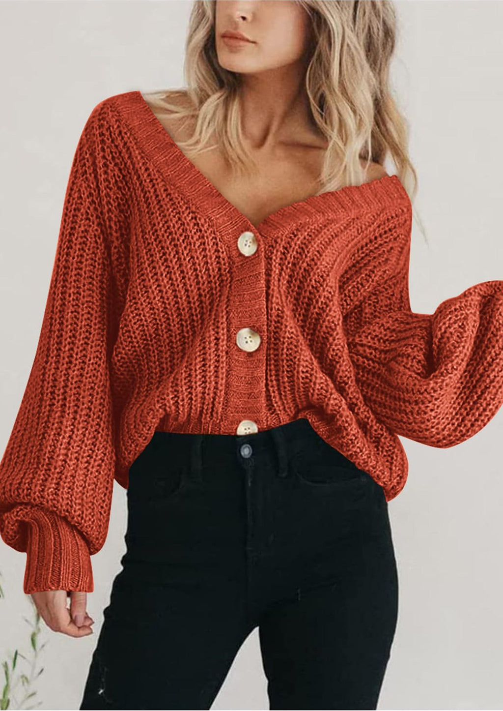 Women's Chunky Knit Open Front Sweater Long Sleeve Button Loose Short Cardigan Outerwear Coats