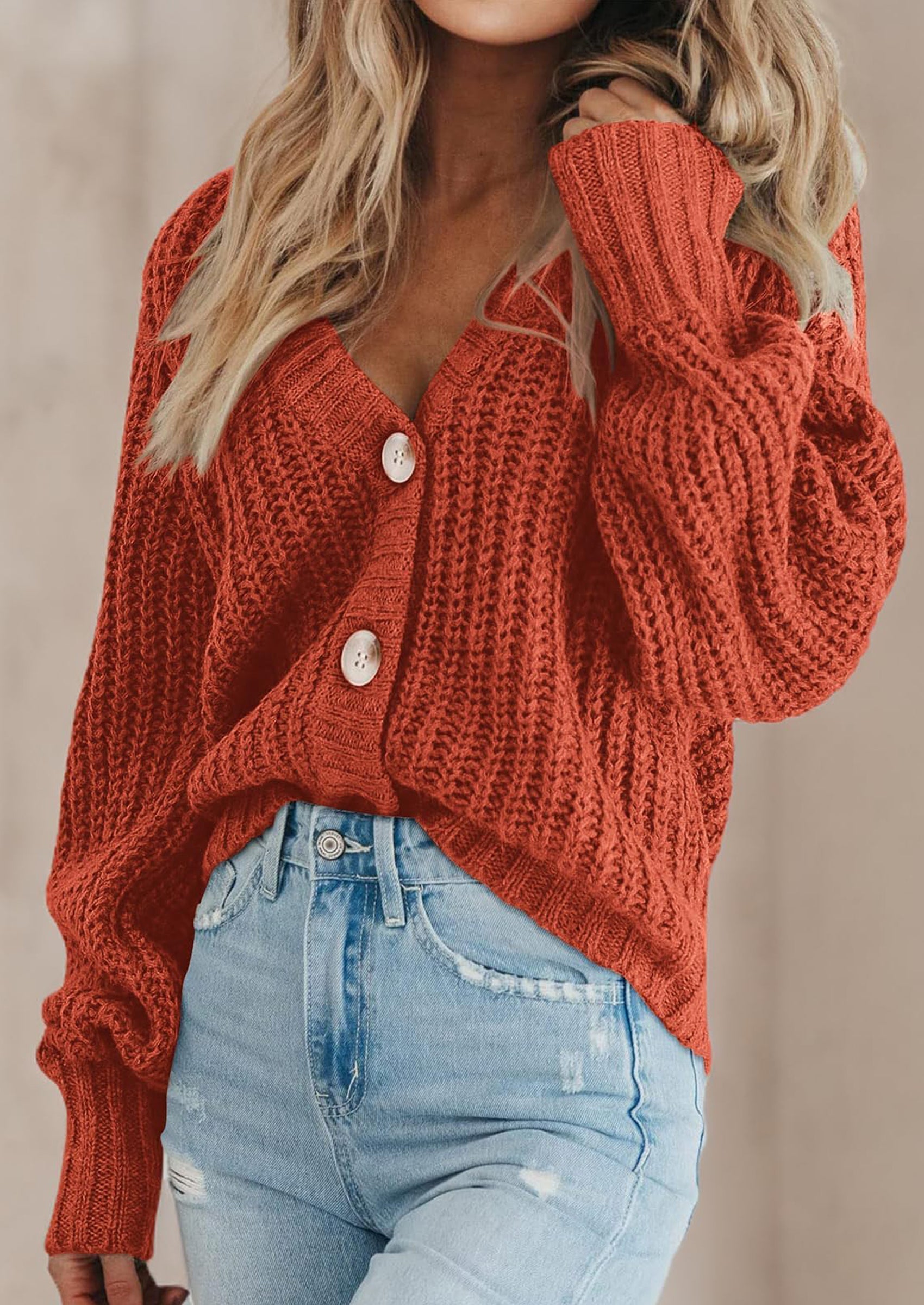 Women's Chunky Knit Open Front Sweater Long Sleeve Button Loose Short Cardigan Outerwear Coats