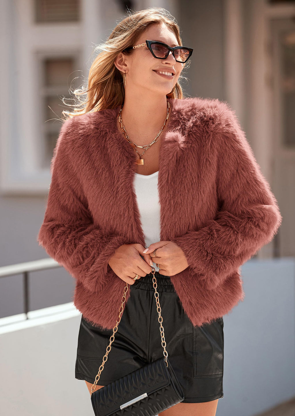 Women's Winter Coats Fleece Cropped Jacket Faux Fur Long Sleeve Pockets Shaggy Warm Outerwear Fall Clothes