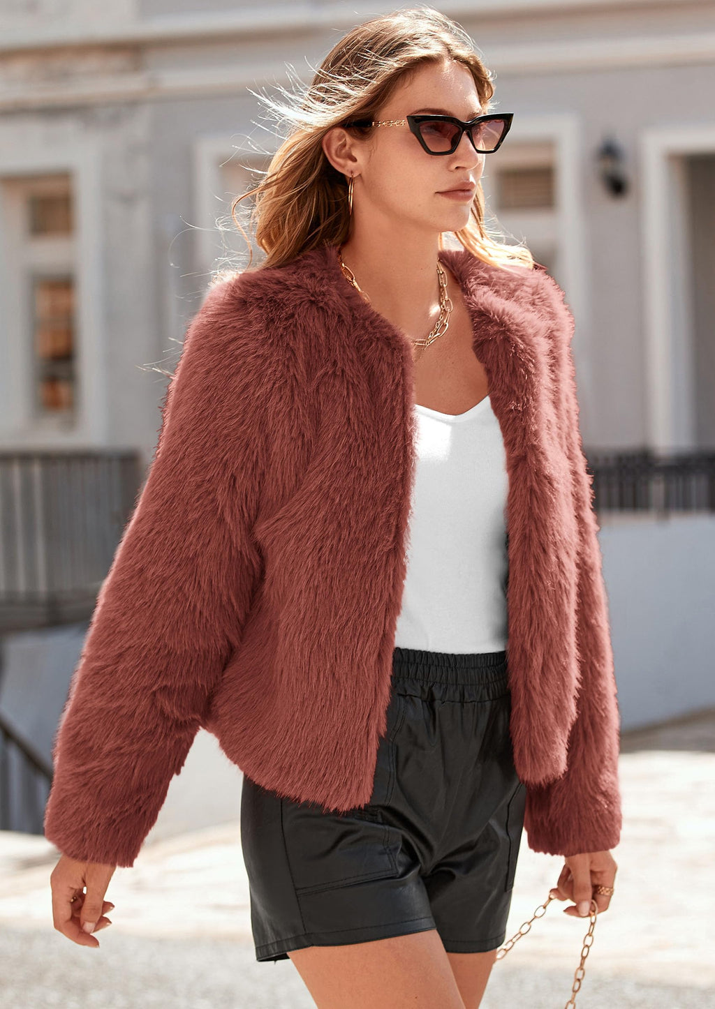 Women's Winter Coats Fleece Cropped Jacket Faux Fur Long Sleeve Pockets Shaggy Warm Outerwear Fall Clothes