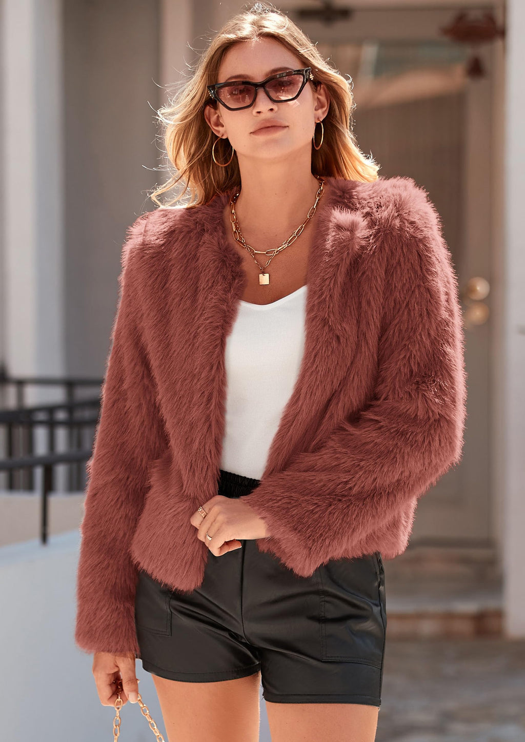 Women's Winter Coats Fleece Cropped Jacket Faux Fur Long Sleeve Pockets Shaggy Warm Outerwear Fall Clothes