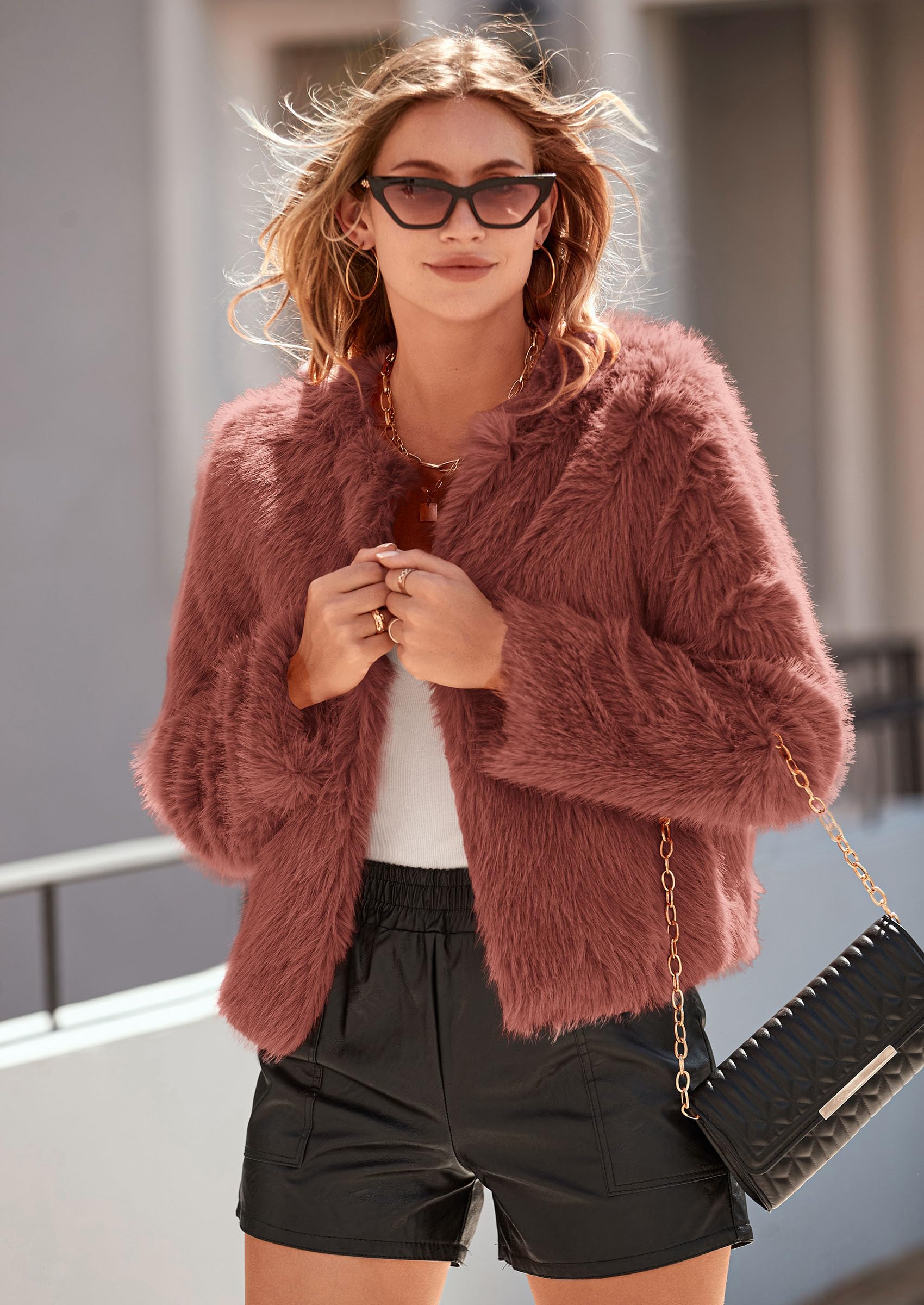 Women's Winter Coats Fleece Cropped Jacket Faux Fur Long Sleeve Pockets Shaggy Warm Outerwear Fall Clothes