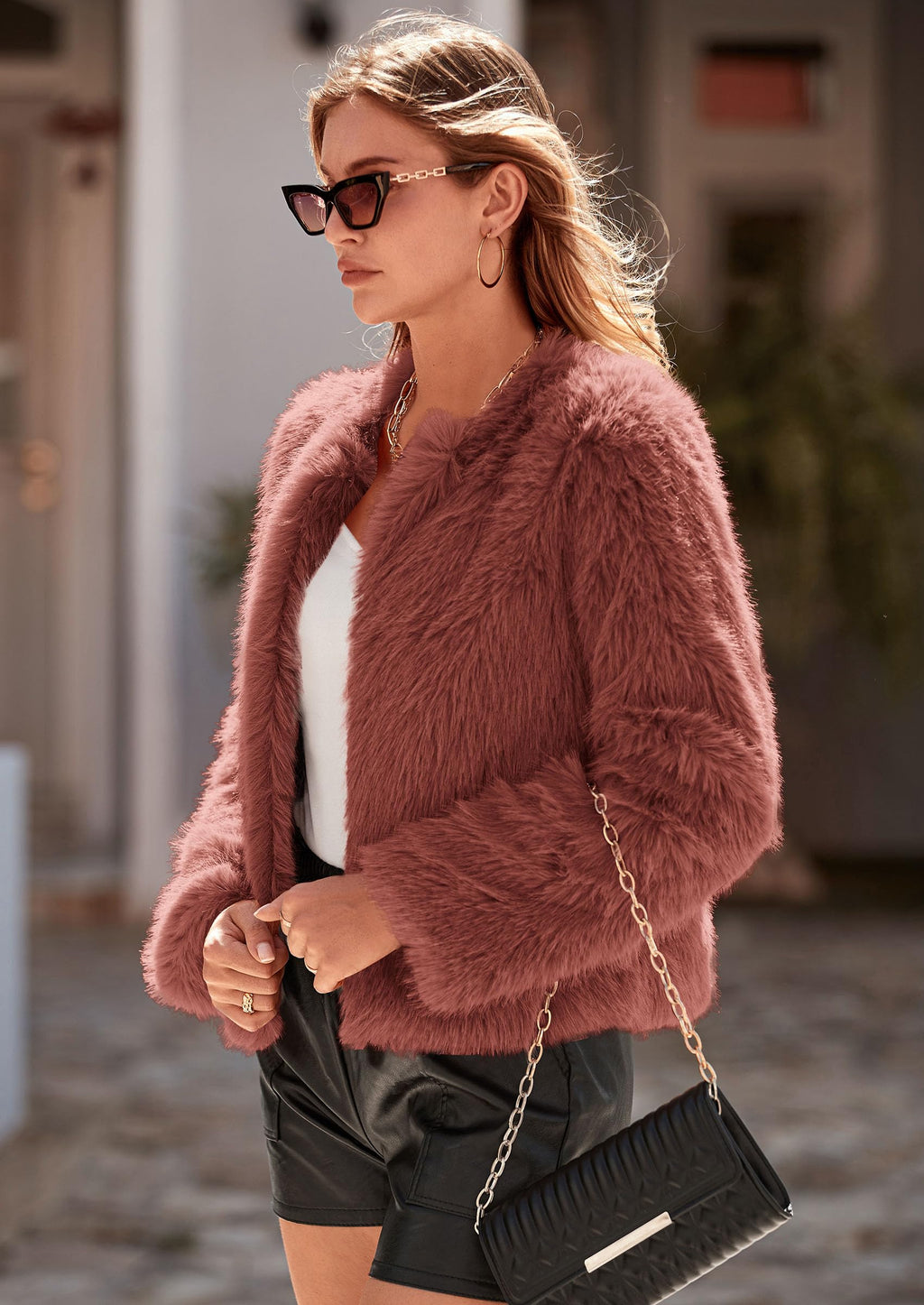 Women's Winter Coats Fleece Cropped Jacket Faux Fur Long Sleeve Pockets Shaggy Warm Outerwear Fall Clothes
