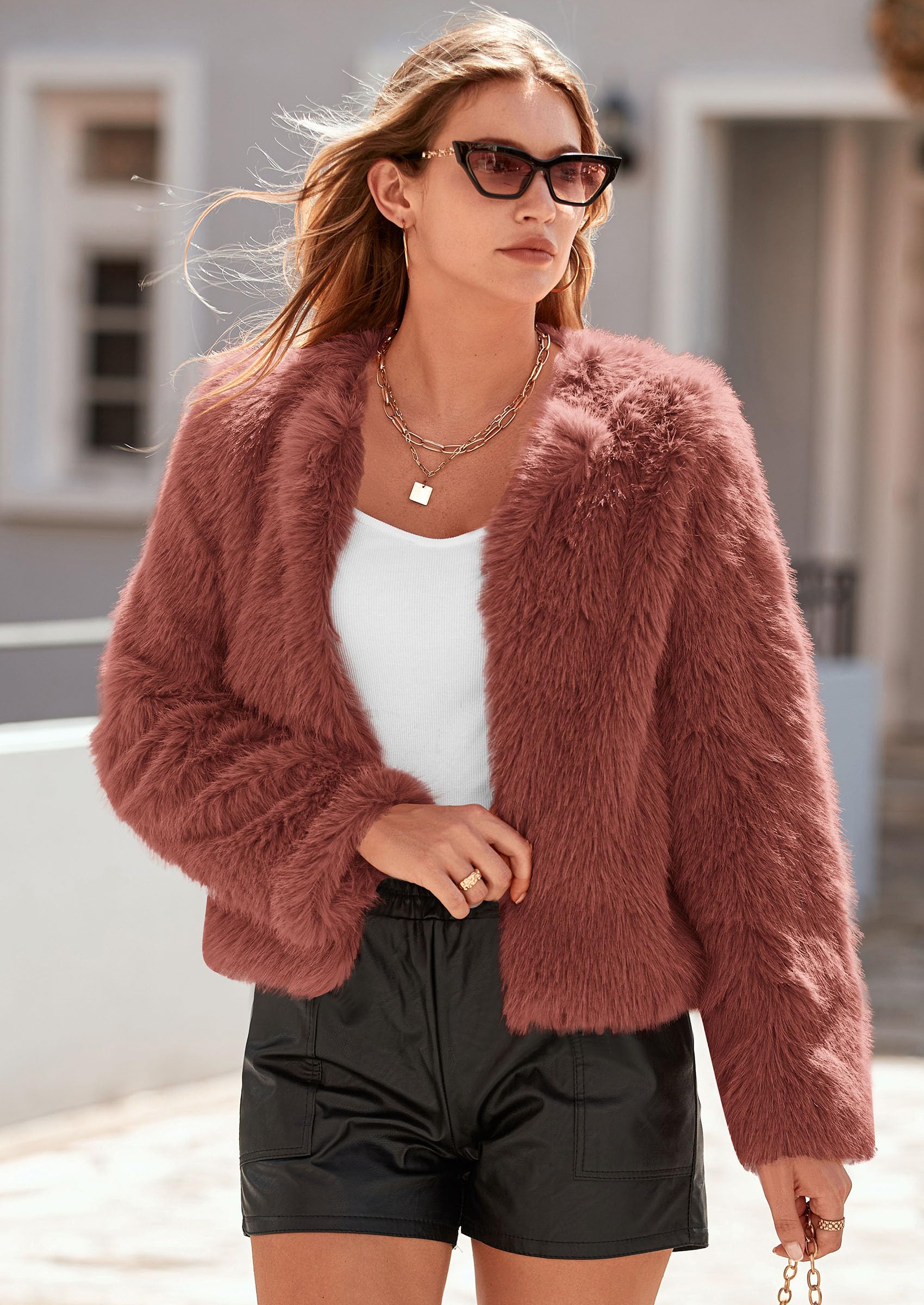 Women's Winter Coats Fleece Cropped Jacket Faux Fur Long Sleeve Pockets Shaggy Warm Outerwear Fall Clothes
