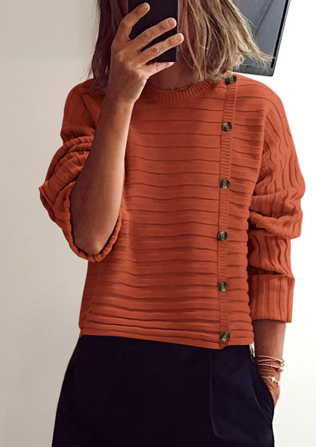 Womens Sweaters Fall Casual Long Sleeve Crewneck Button Loose Winter Knit Pullover Sweater Tops