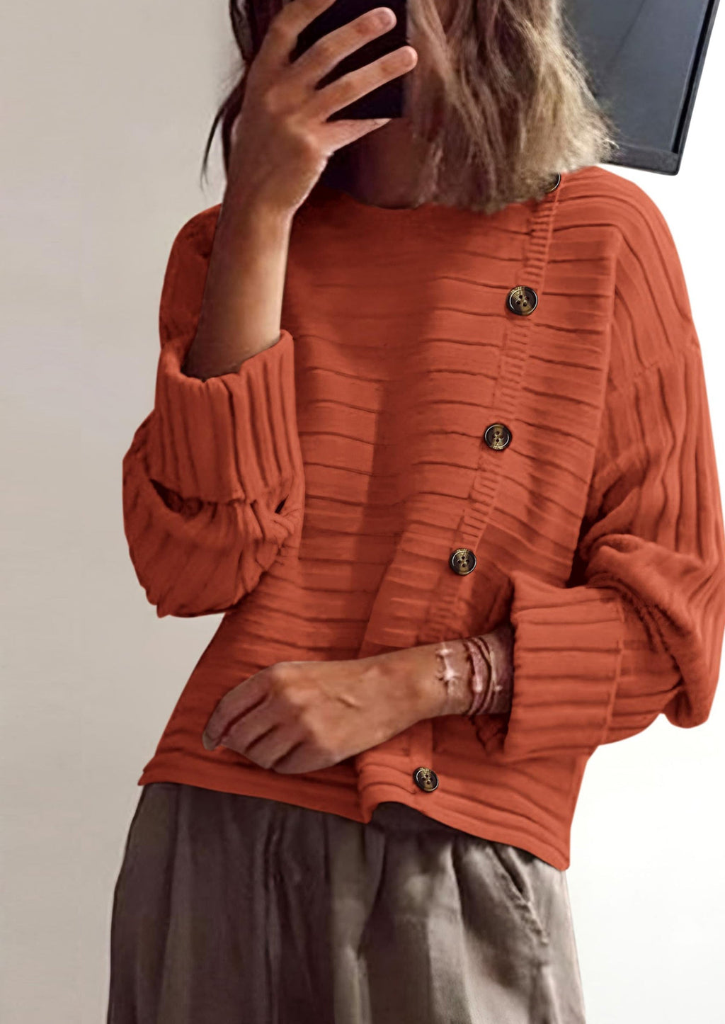 Womens Sweaters Fall Casual Long Sleeve Crewneck Button Loose Winter Knit Pullover Sweater Tops