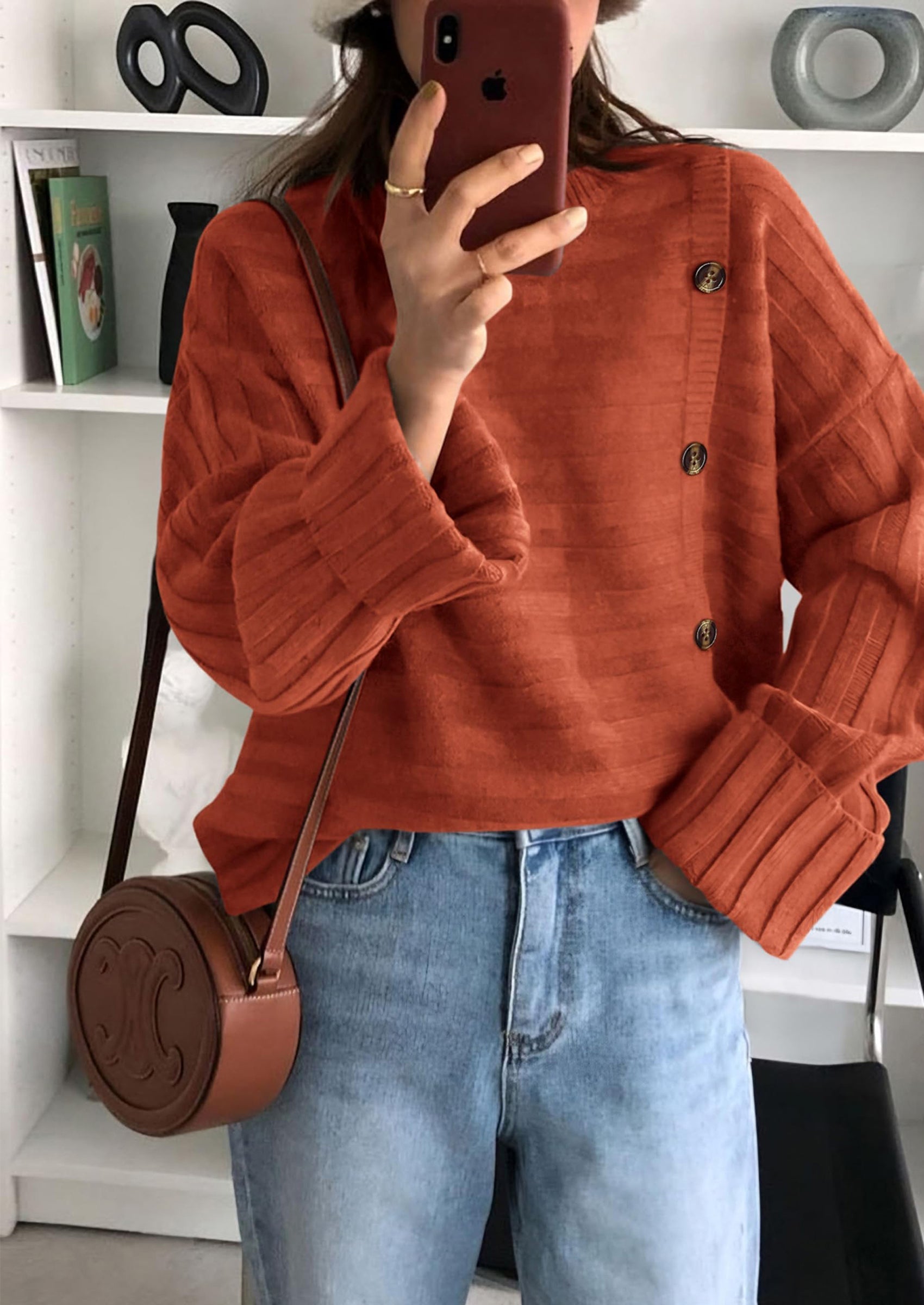 Womens Sweaters Fall Casual Long Sleeve Crewneck Button Loose Winter Knit Pullover Sweater Tops