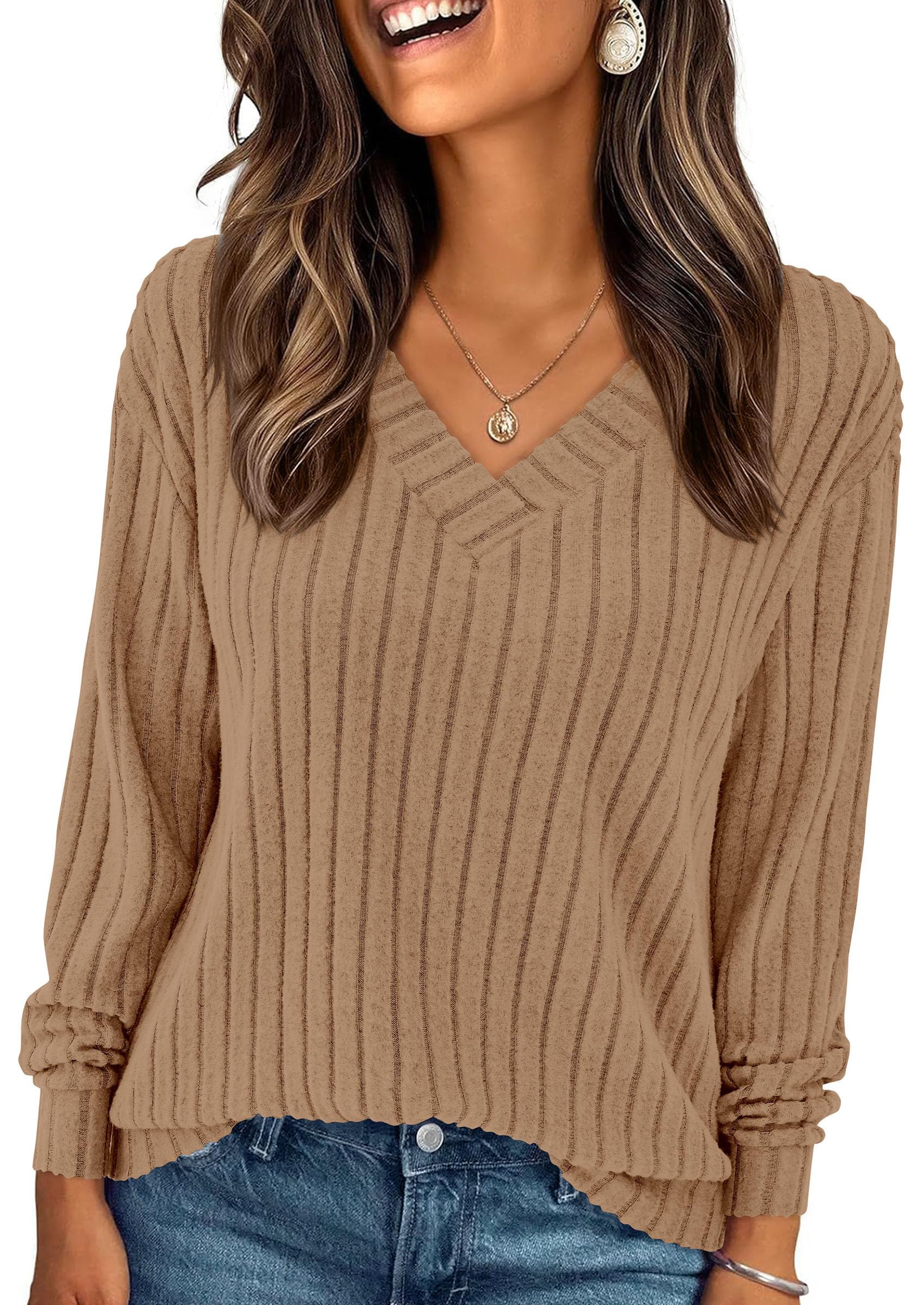 Fall Fashion Long Sleeve Shirts for Women Ribbed Knit V Neck Dressy Casual Lightweight Sweaters Tunic Tops