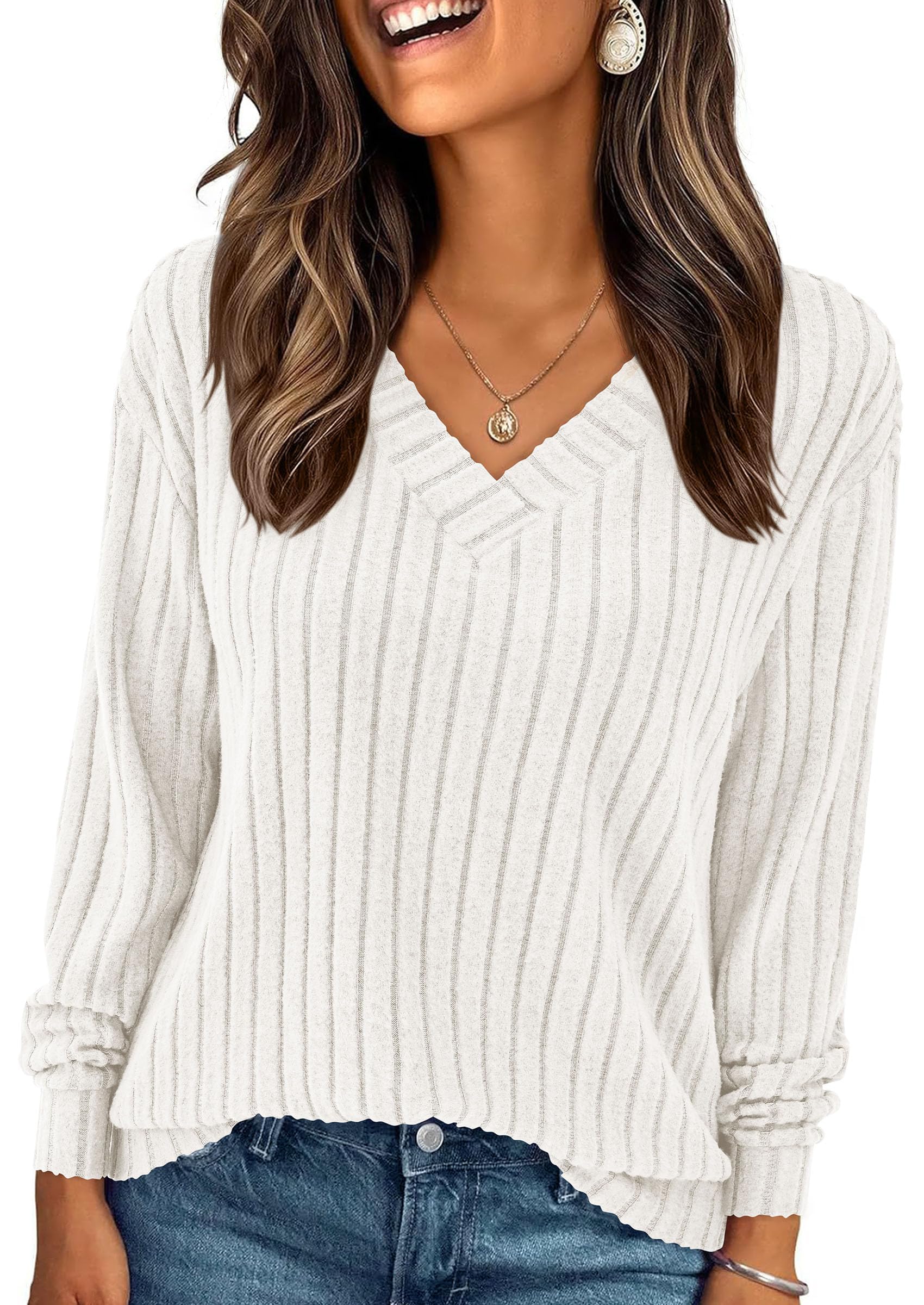 Fall Fashion Long Sleeve Shirts for Women Ribbed Knit V Neck Dressy Casual Lightweight Sweaters Tunic Tops