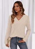 Fall Fashion Long Sleeve Shirts for Women Ribbed Knit V Neck Dressy Casual Lightweight Sweaters Tunic Tops