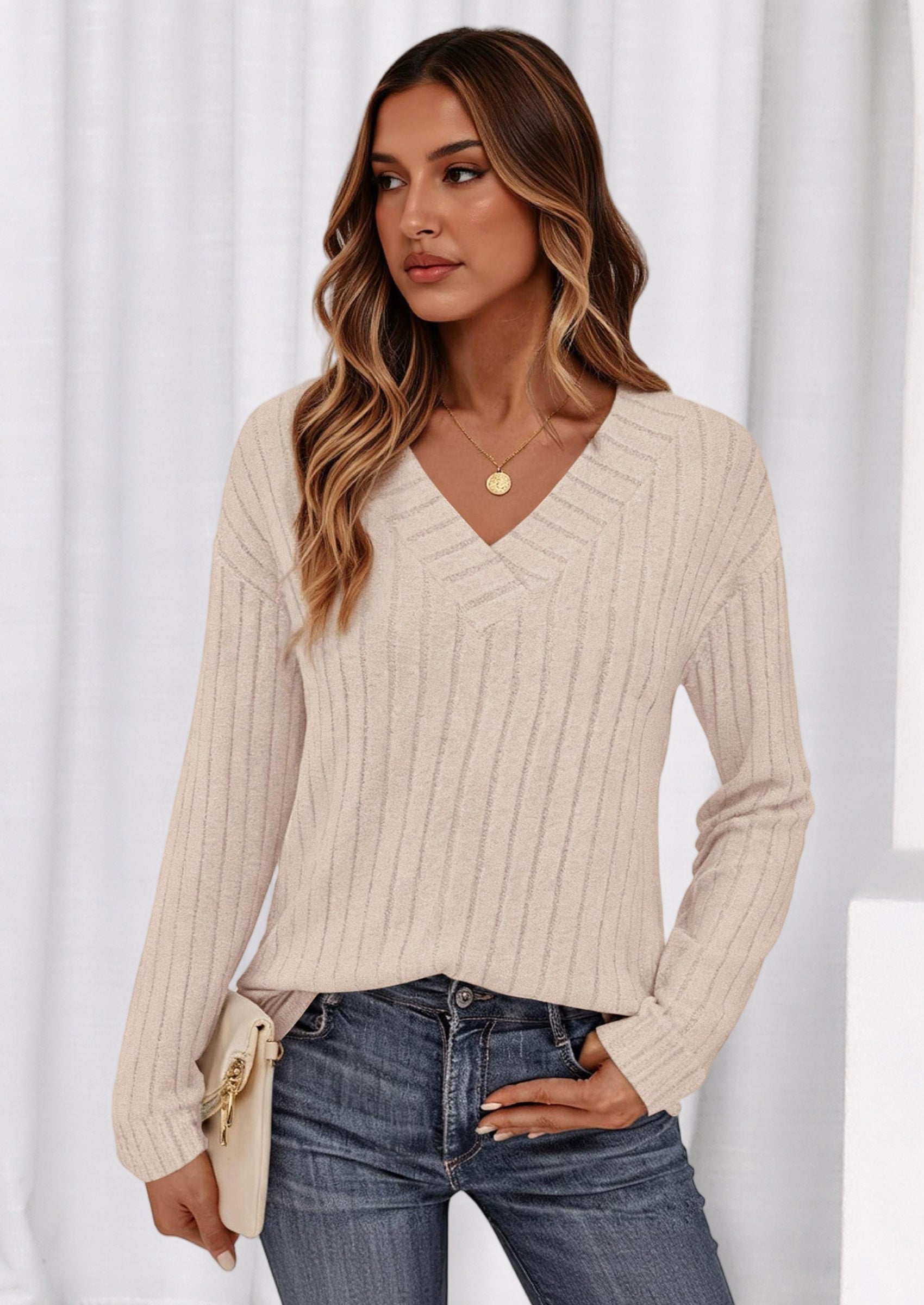 Fall Fashion Long Sleeve Shirts for Women Ribbed Knit V Neck Dressy Casual Lightweight Sweaters Tunic Tops