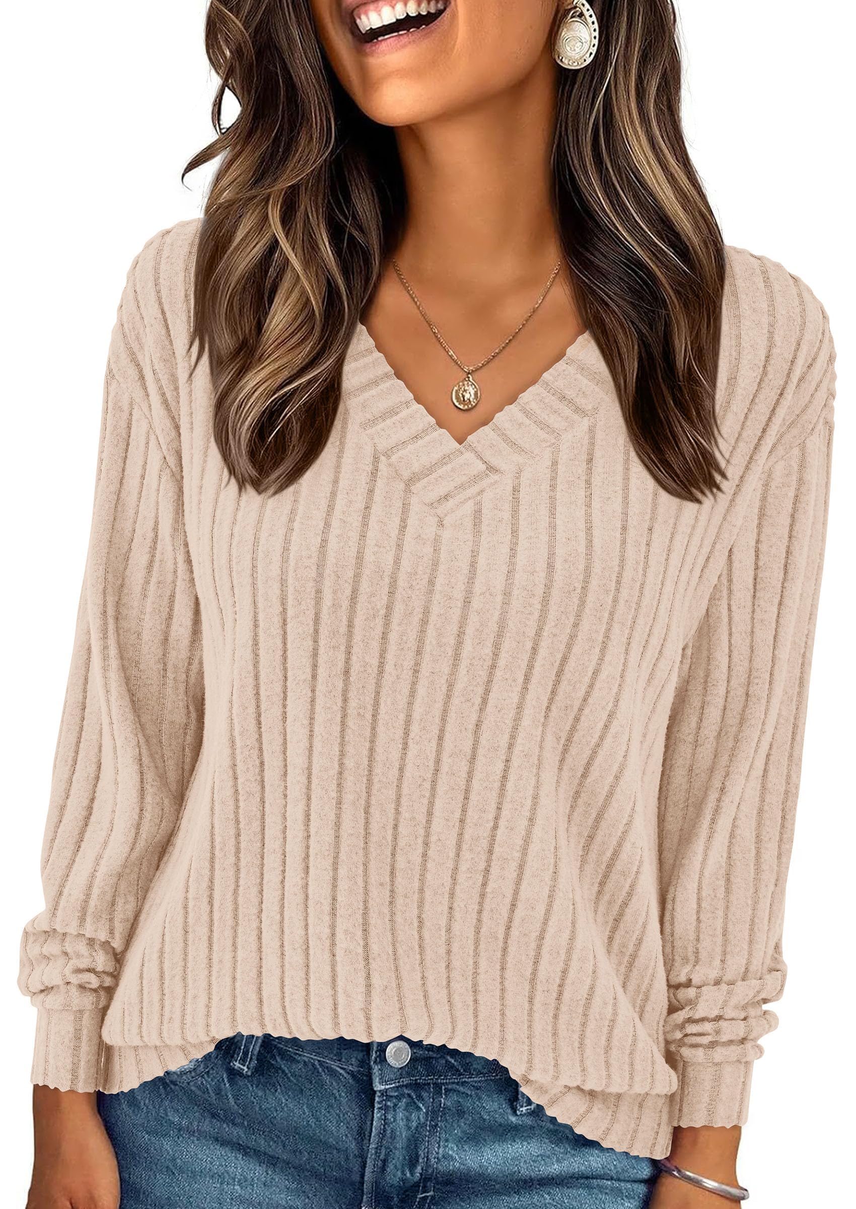 Fall Fashion Long Sleeve Shirts for Women Ribbed Knit V Neck Dressy Casual Lightweight Sweaters Tunic Tops