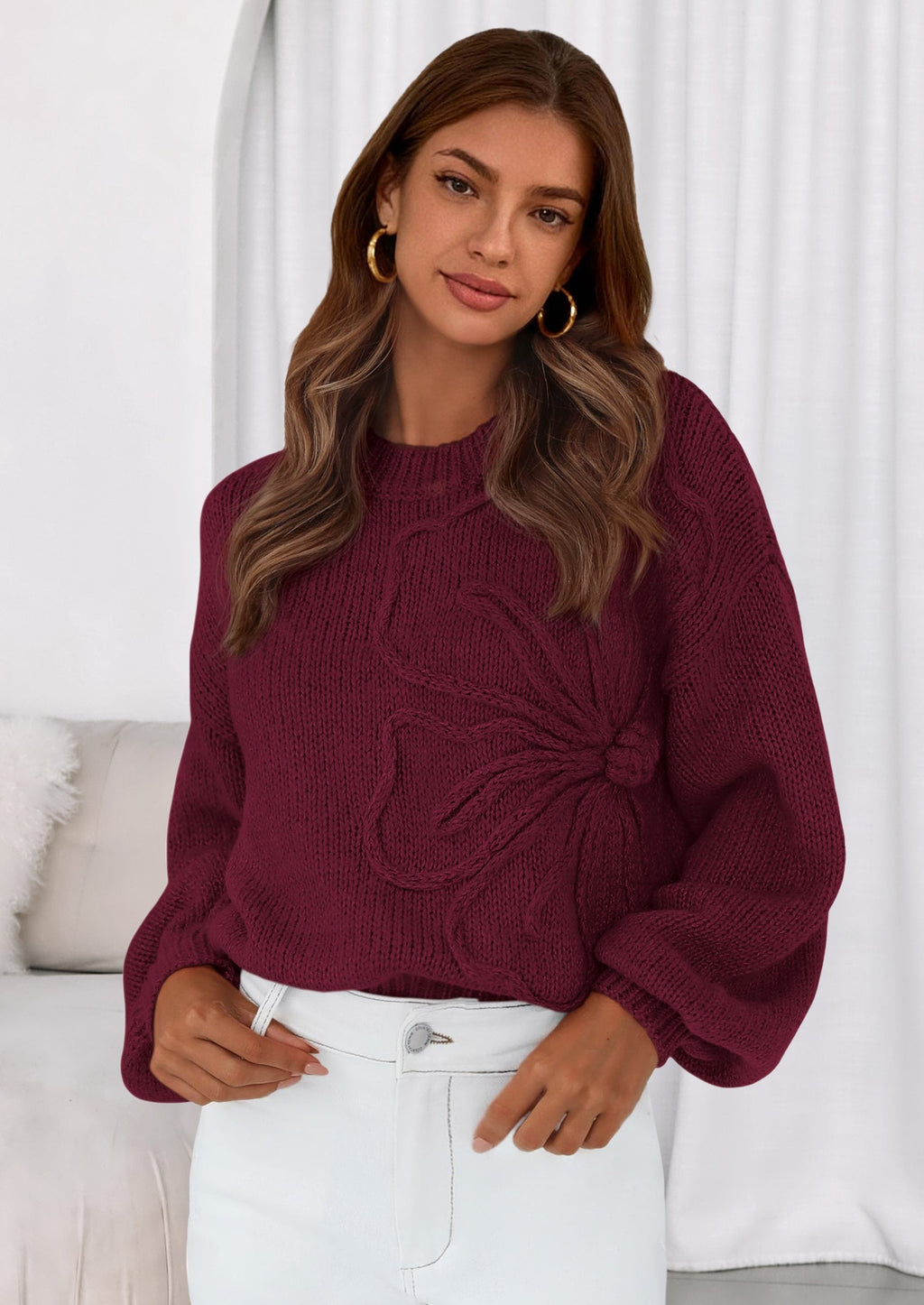 Womens Sweaters Fall Fashion Long Sleeve Crewneck Floral Knit Pullover Sweater Tops Winter Clothes