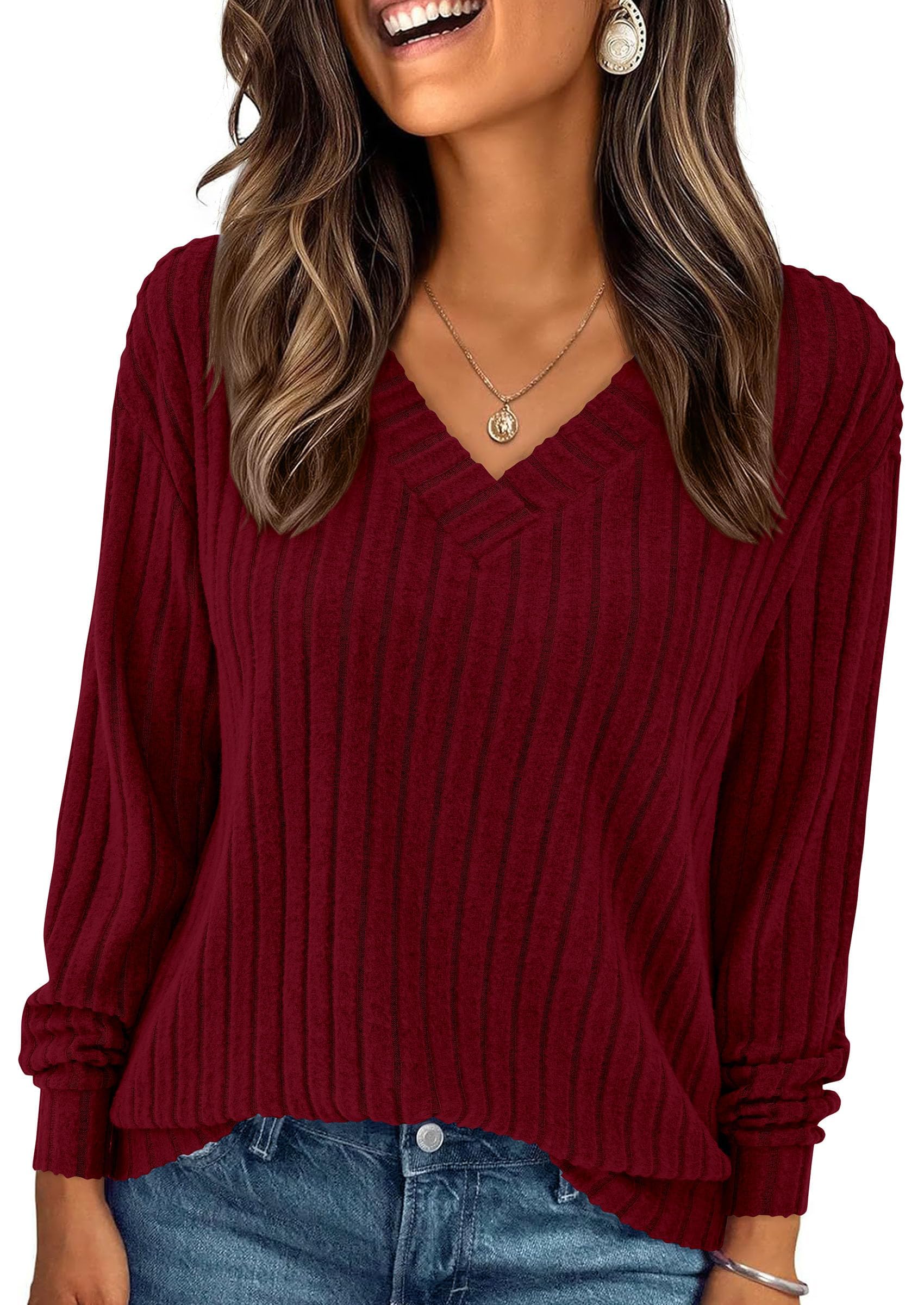 Fall Fashion Long Sleeve Shirts for Women Ribbed Knit V Neck Dressy Casual Lightweight Sweaters Tunic Tops