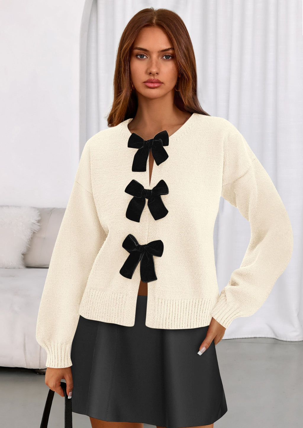 Cardigan Sweaters for Women Fall Bow Tie Front Long Sleeve Knit Sweater Tops Cute Going Out Outfits