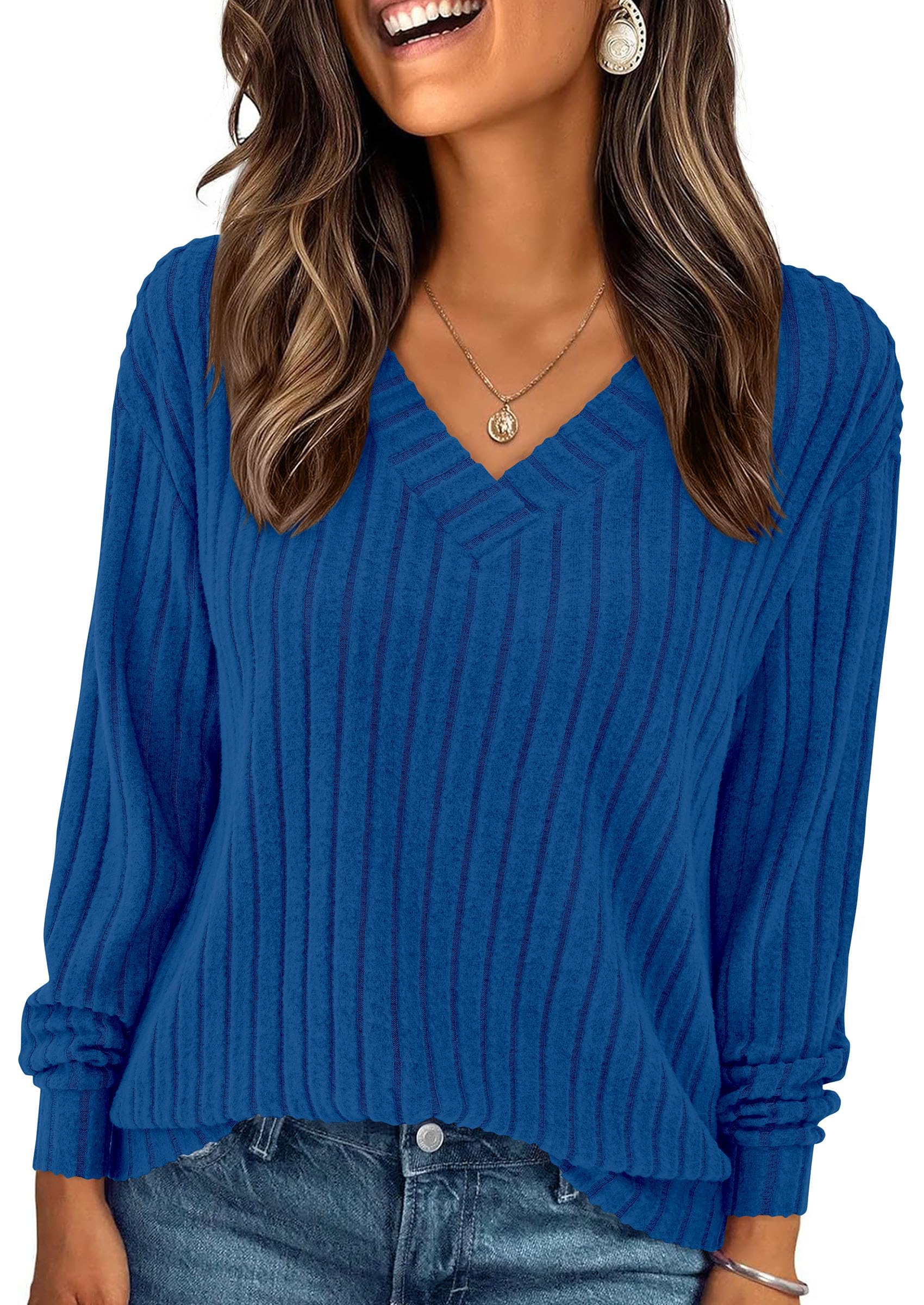 Fall Fashion Long Sleeve Shirts for Women Ribbed Knit V Neck Dressy Casual Lightweight Sweaters Tunic Tops
