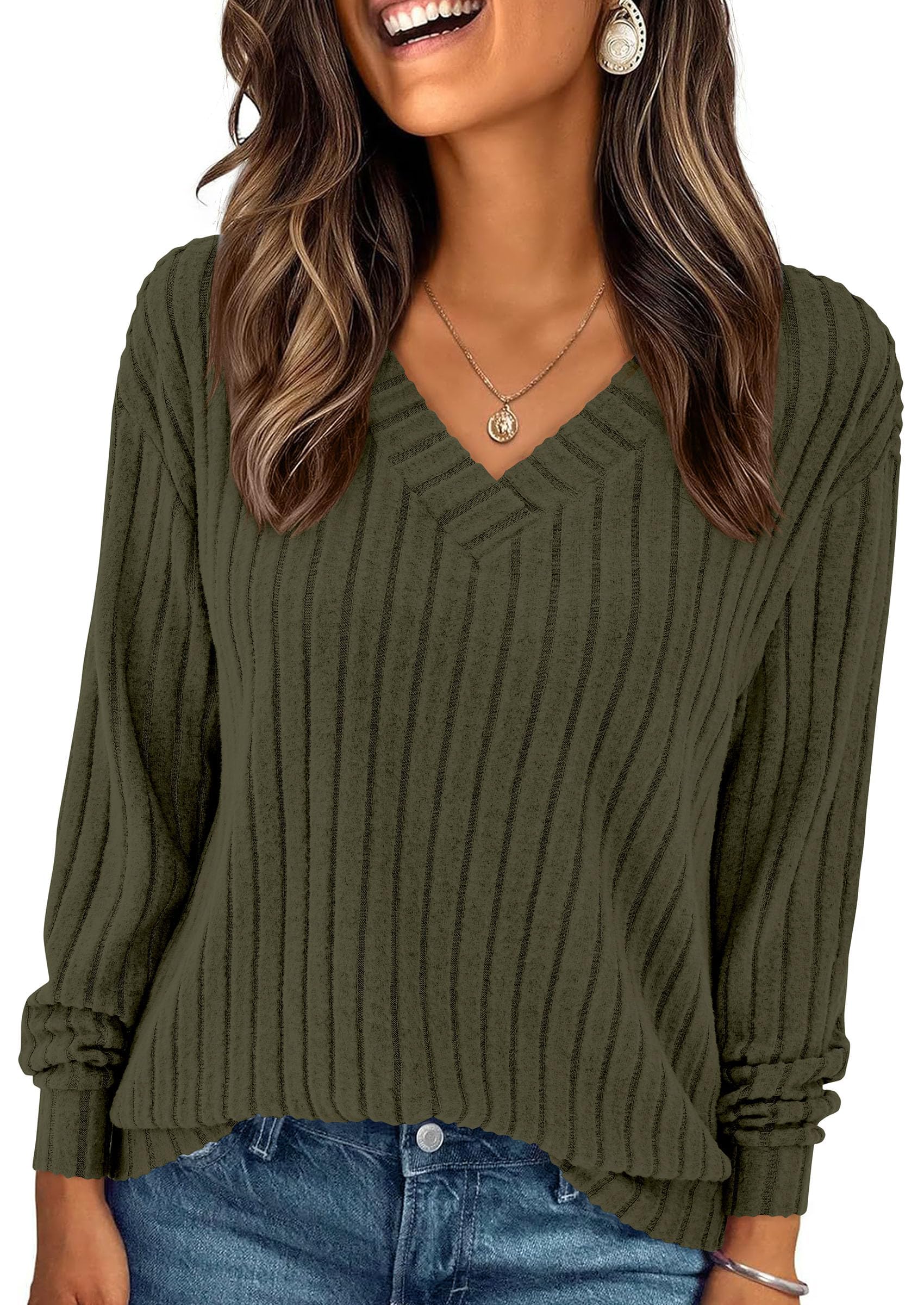 Fall Fashion Long Sleeve Shirts for Women Ribbed Knit V Neck Dressy Casual Lightweight Sweaters Tunic Tops