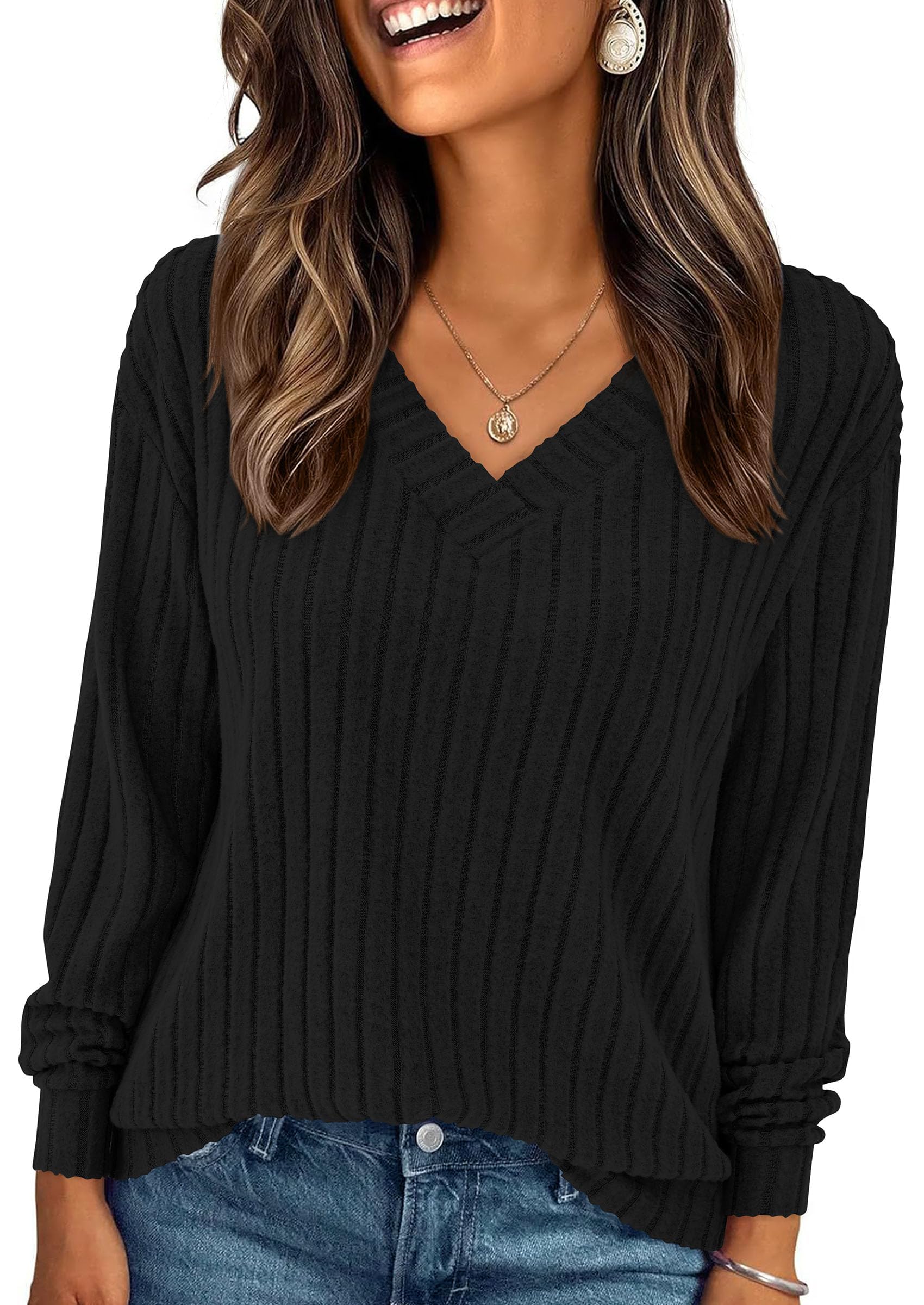 Fall Fashion Long Sleeve Shirts for Women Ribbed Knit V Neck Dressy Casual Lightweight Sweaters Tunic Tops