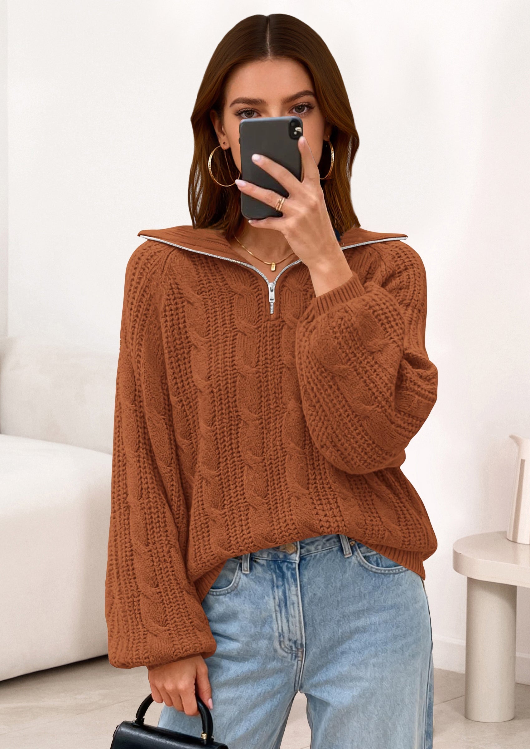 Sweaters for Women Fall Fashion Loose Quarter Zip Pullover Collared Long Sleeve Cable Knit Winter Clothes
