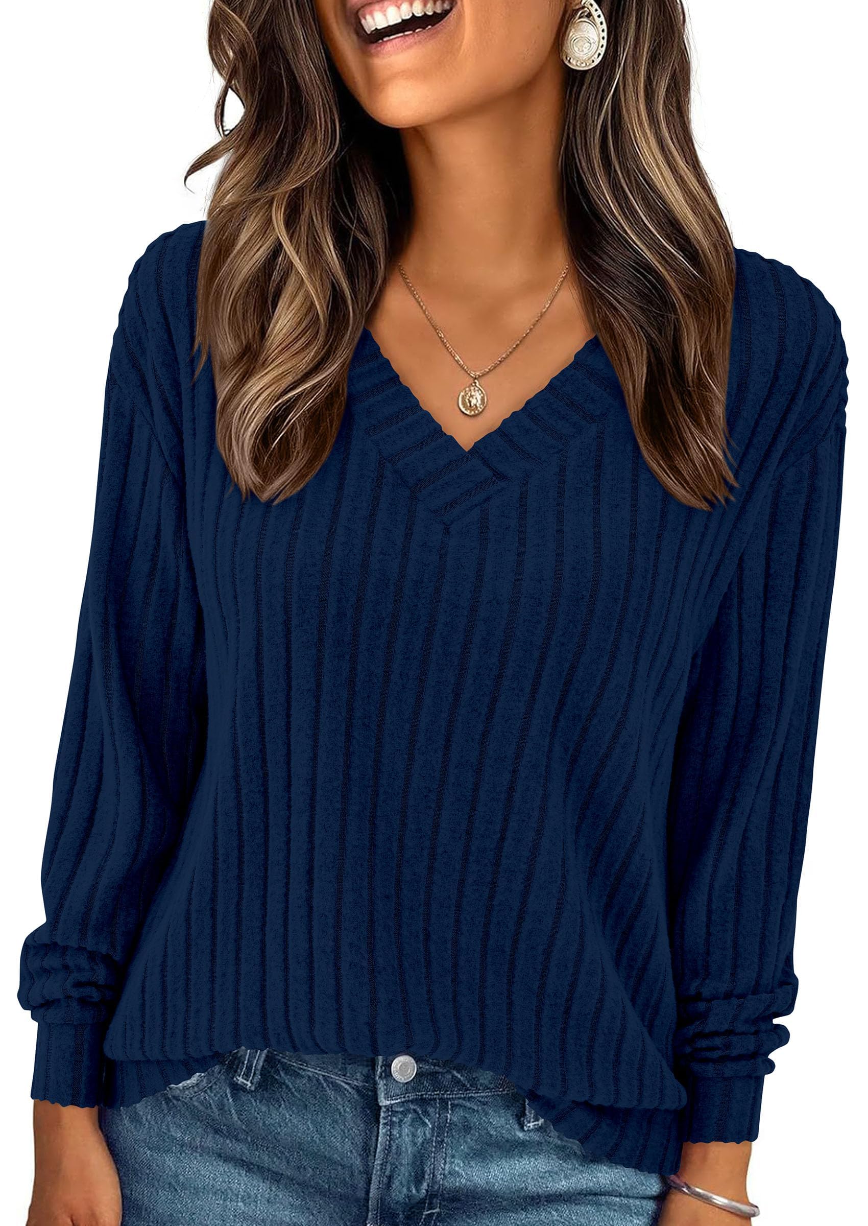 Fall Fashion Long Sleeve Shirts for Women Ribbed Knit V Neck Dressy Casual Lightweight Sweaters Tunic Tops
