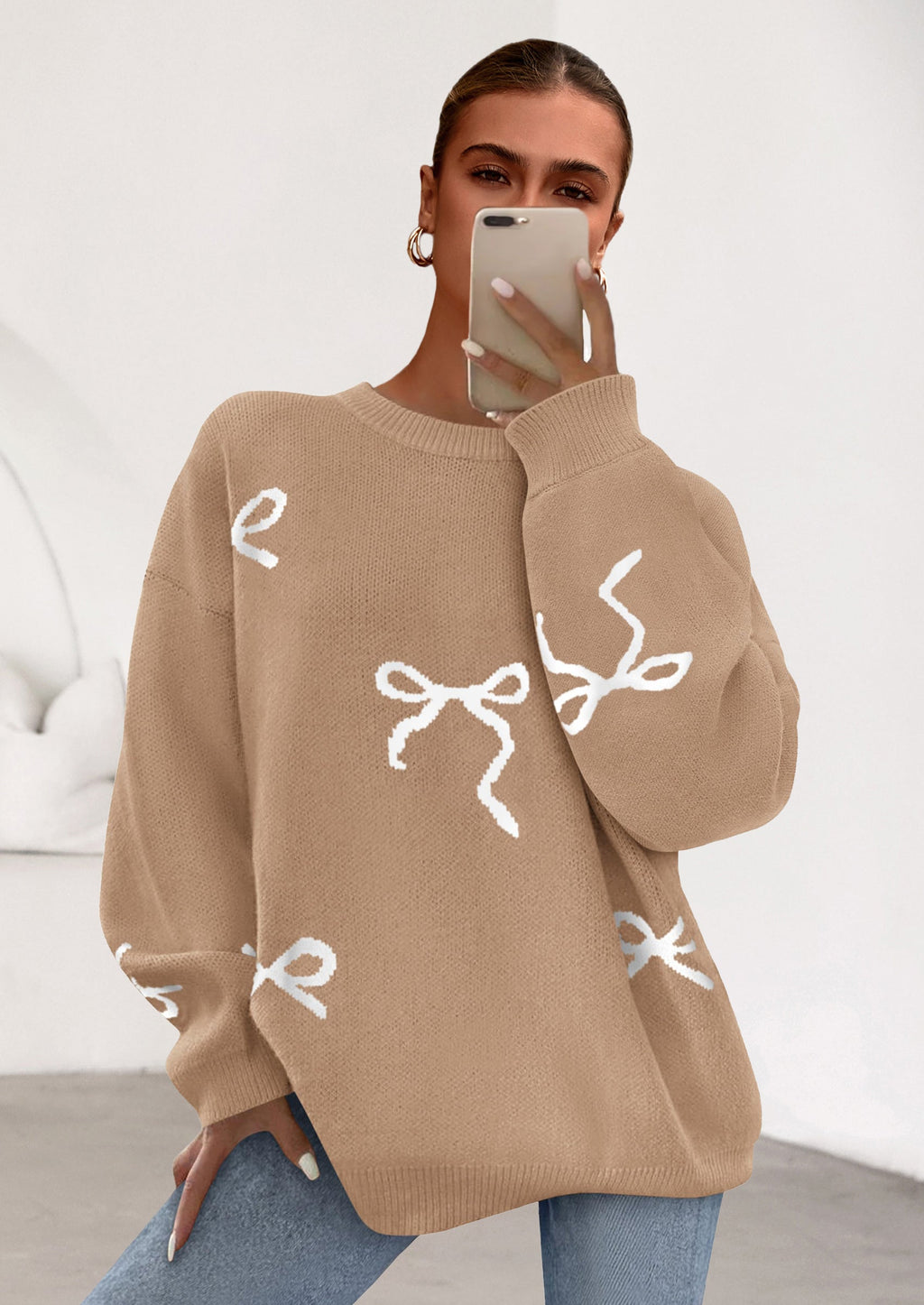 Fall Long Sleeve Pullover Sweaters for Women Trendy Crewneck Casual Cute Bow Chunky Knit Oversized Sweater