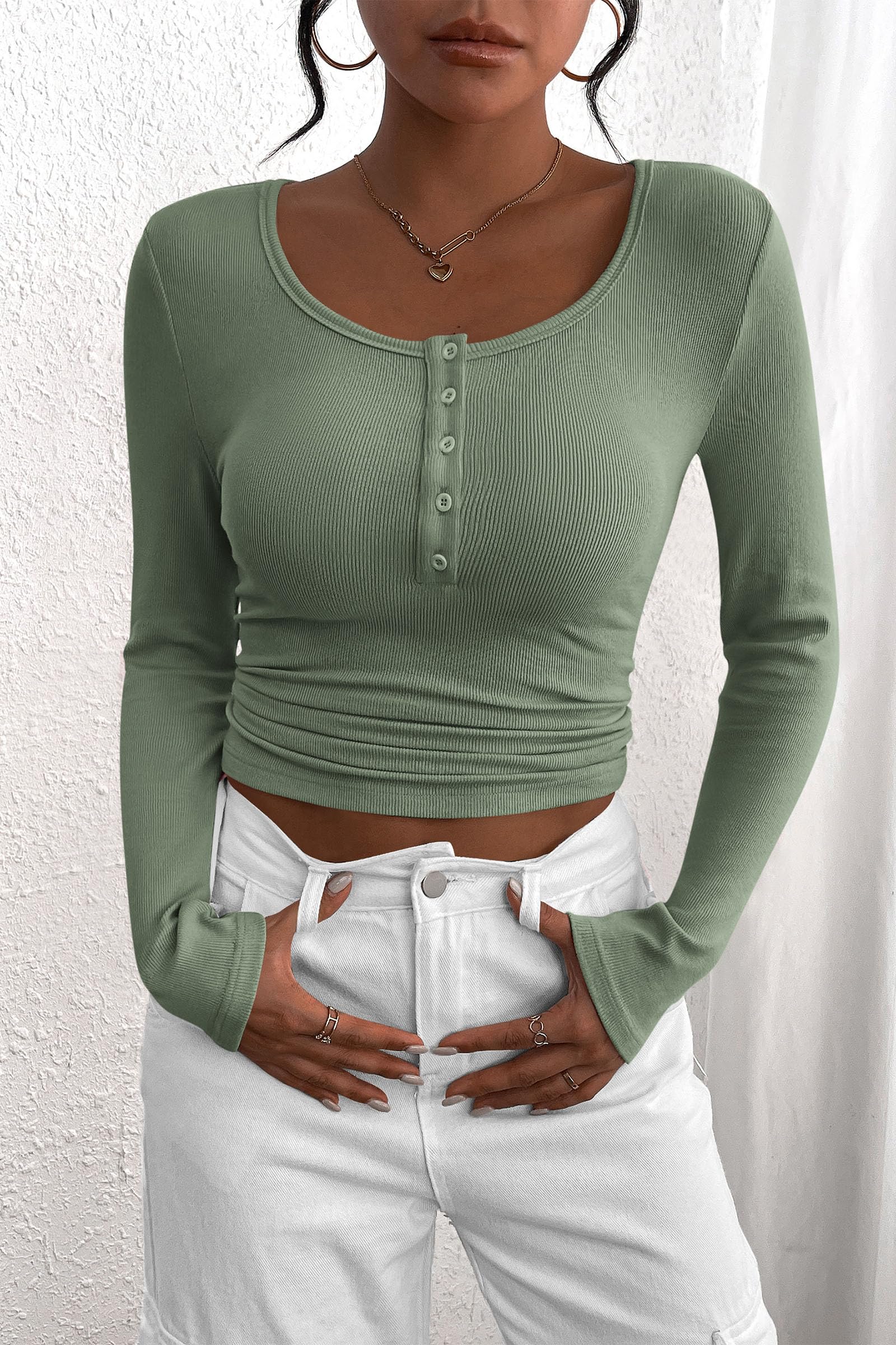 Women's Spring Fall Long Sleeve Henley T Shirts Button Ribbed Knit Slim Fit Casual Basic Tops Blouse