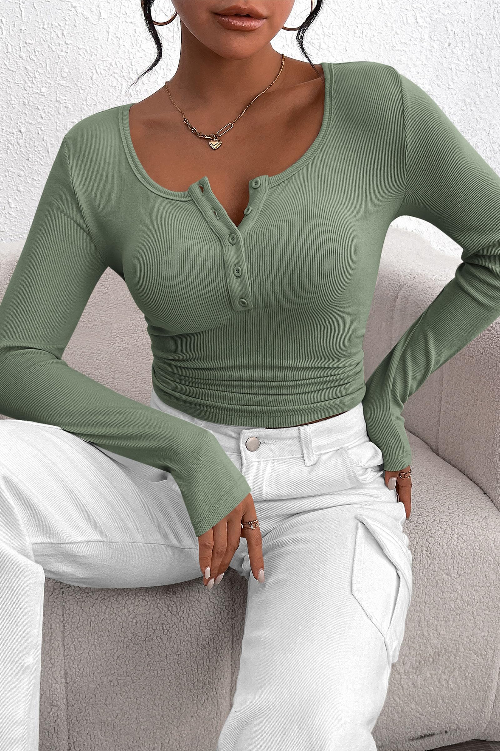Women's Spring Fall Long Sleeve Henley T Shirts Button Ribbed Knit Slim Fit Casual Basic Tops Blouse