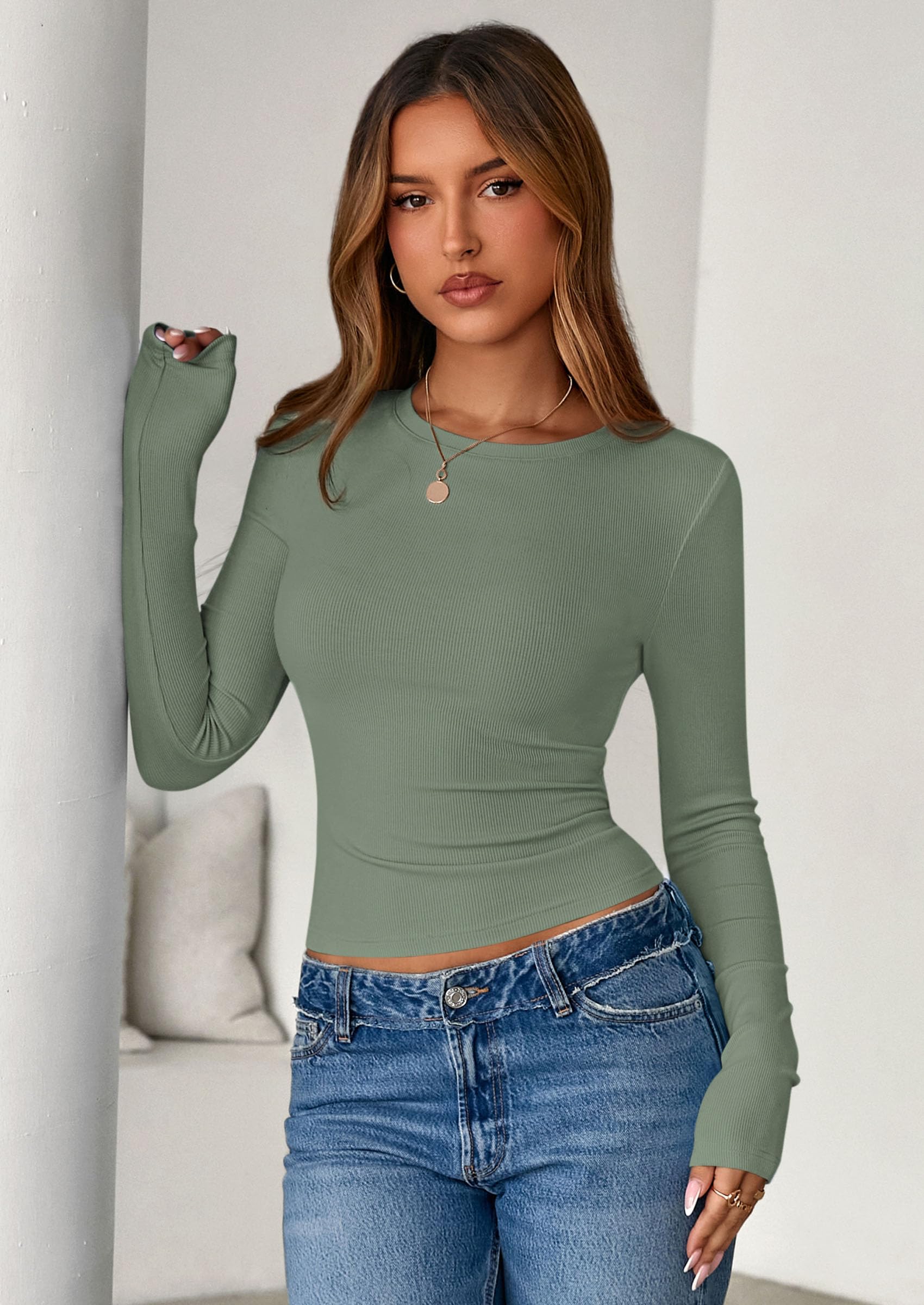 Womens Summer Fall Long Sleeve Shirts Ribbed Knit Fitted Basic Tee Going Out Tops Underscrub Casual Outfits