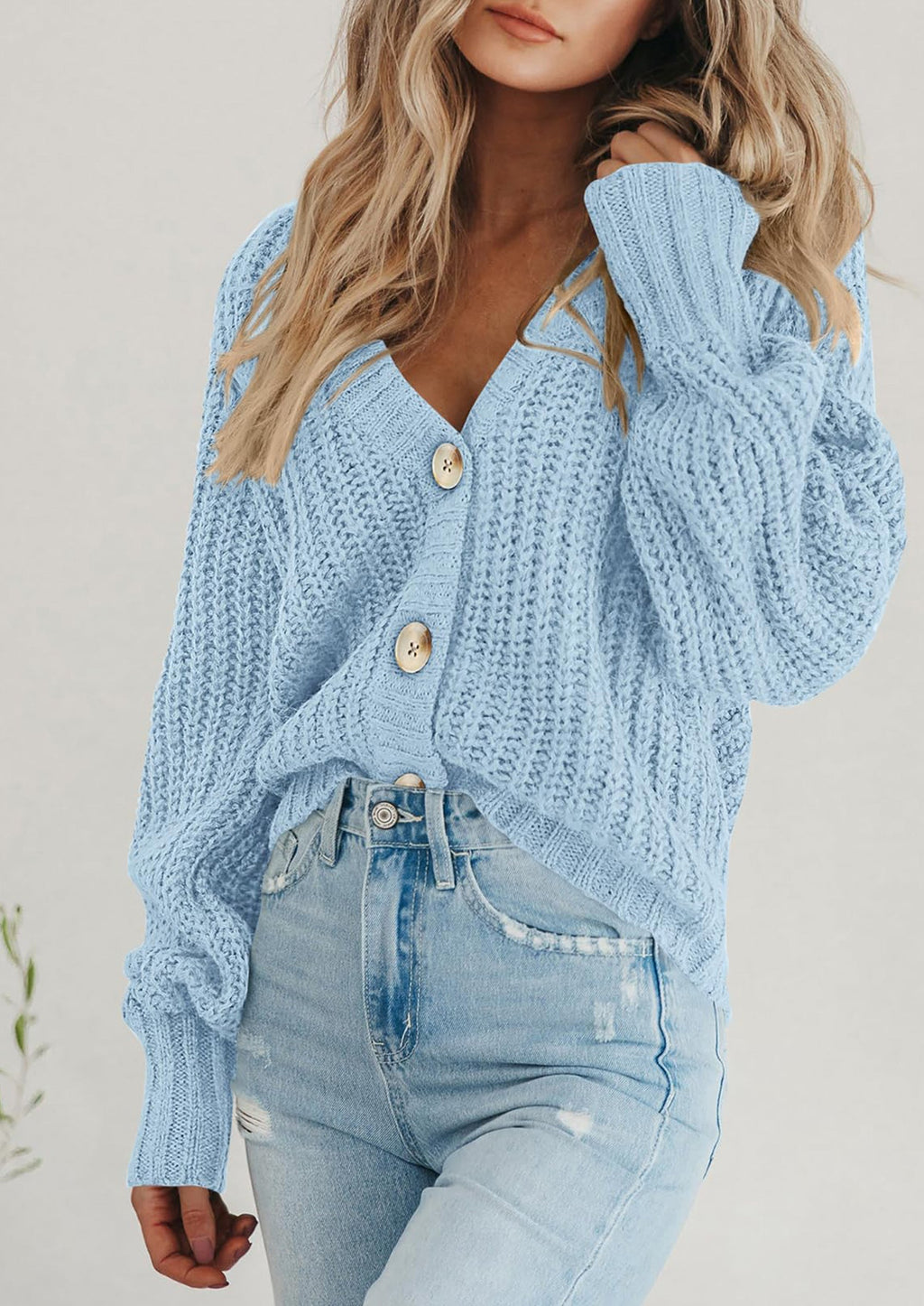 Women's Chunky Knit Open Front Sweater Long Sleeve Button Loose Short Cardigan Outerwear Coats