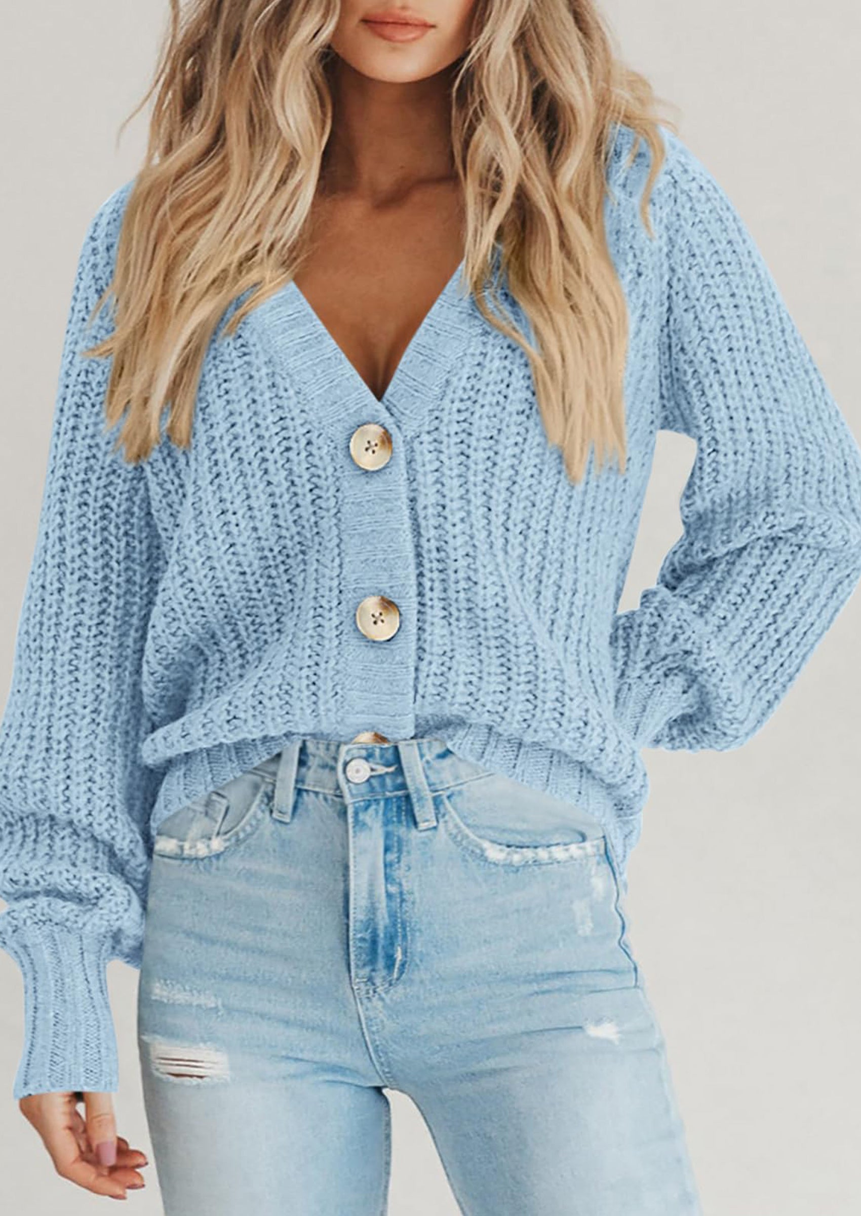 Women's Chunky Knit Open Front Sweater Long Sleeve Button Loose Short Cardigan Outerwear Coats