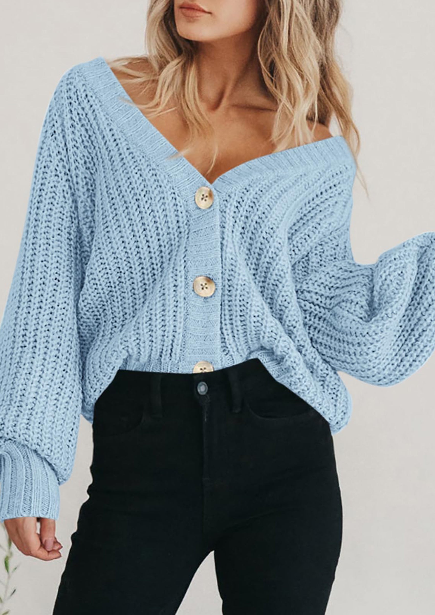 Women's Chunky Knit Open Front Sweater Long Sleeve Button Loose Short Cardigan Outerwear Coats