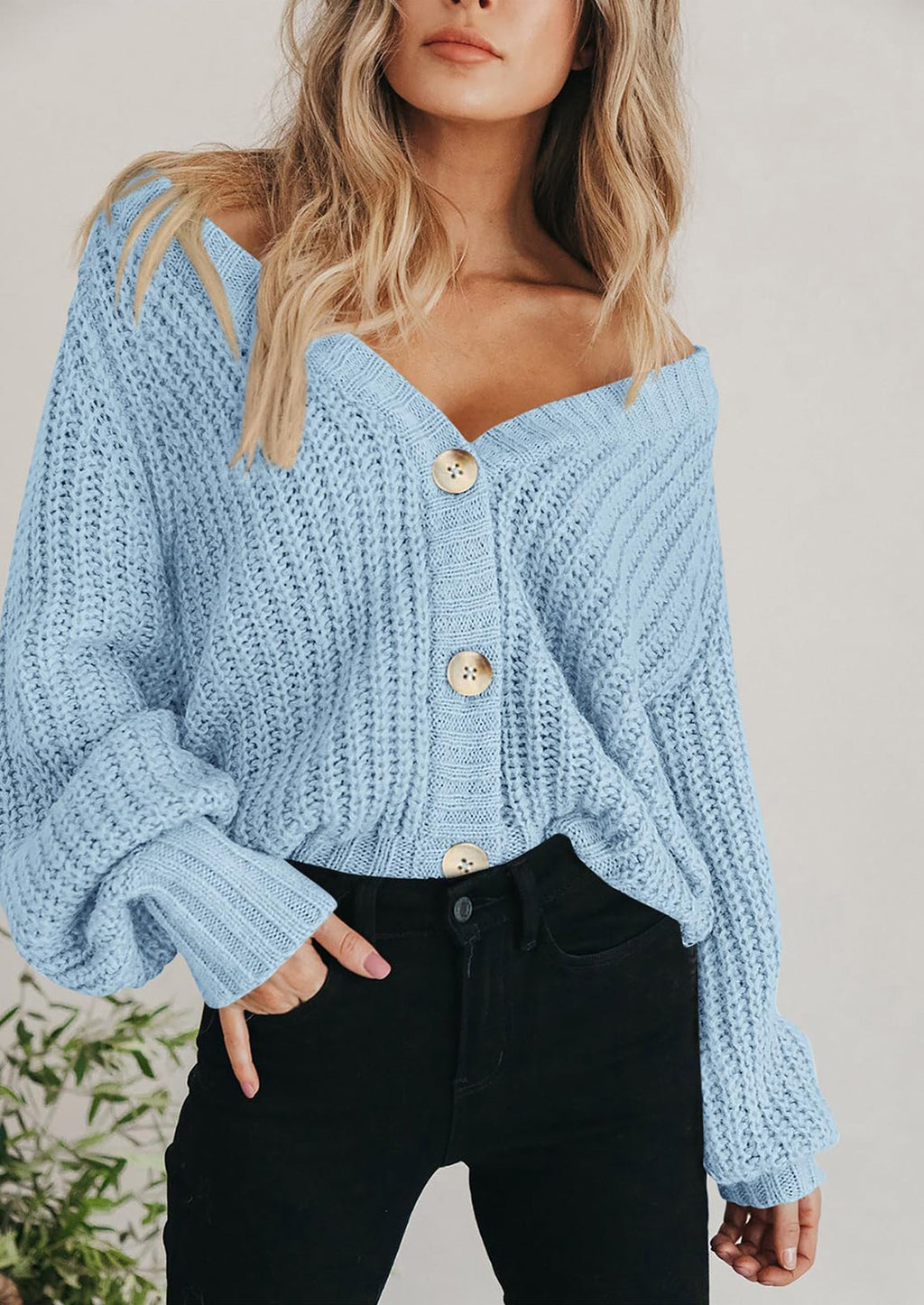 Women's Chunky Knit Open Front Sweater Long Sleeve Button Loose Short Cardigan Outerwear Coats