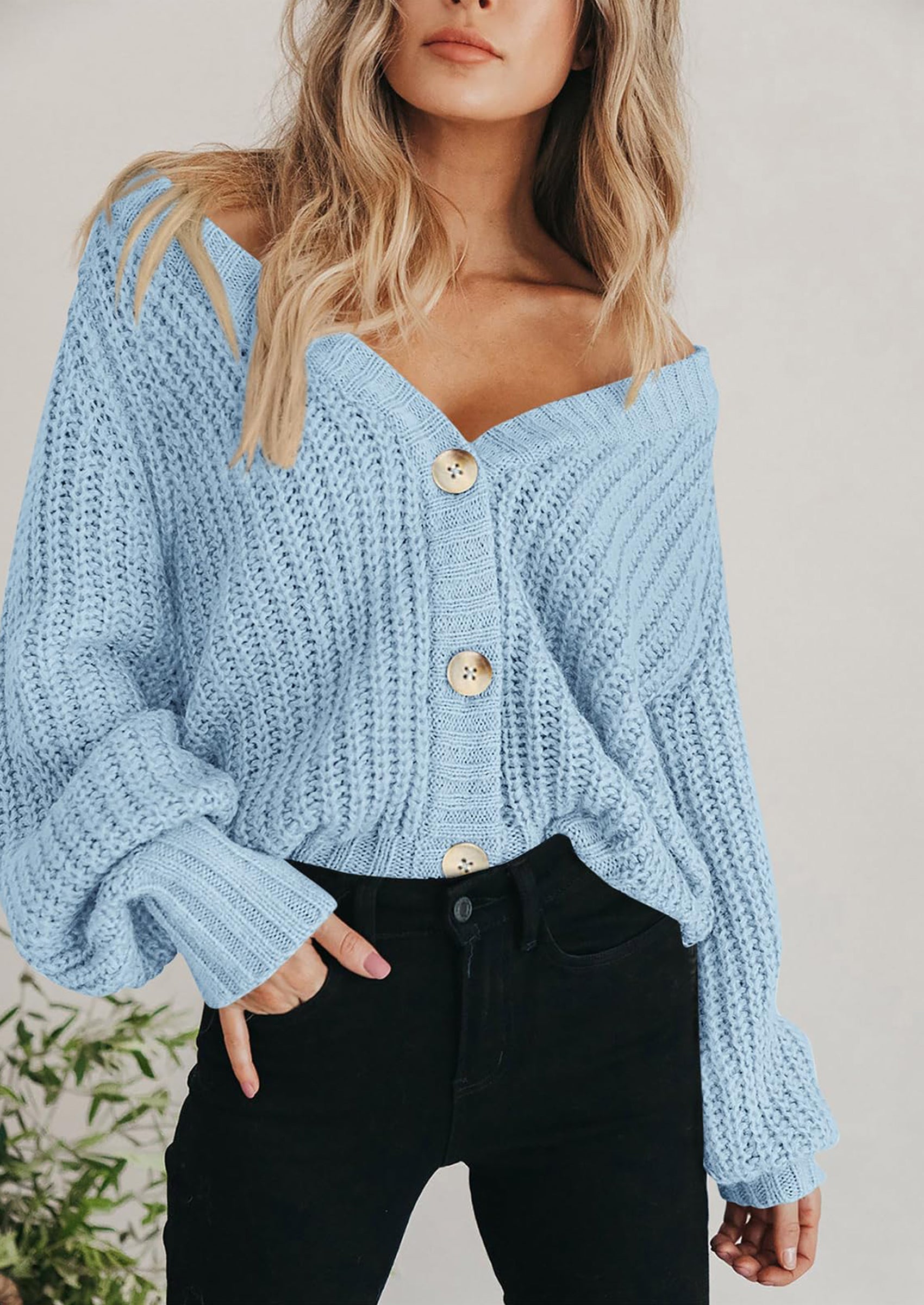 Women's Chunky Knit Open Front Sweater Long Sleeve Button Loose Short Cardigan Outerwear Coats