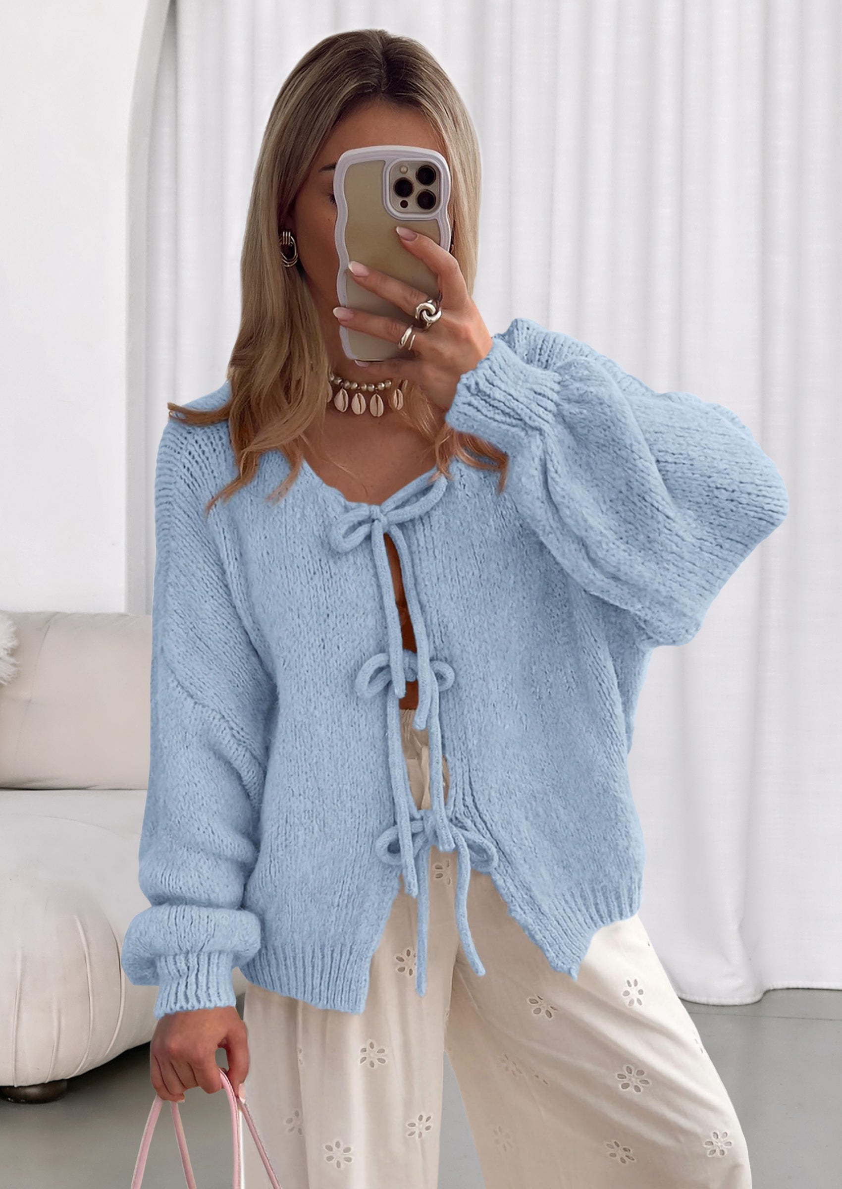 Women's Tie Front Bow Cardigan Sweaters Chunky Knit Long Puff Sleeve Trendy Fall Winter Jacket Coats