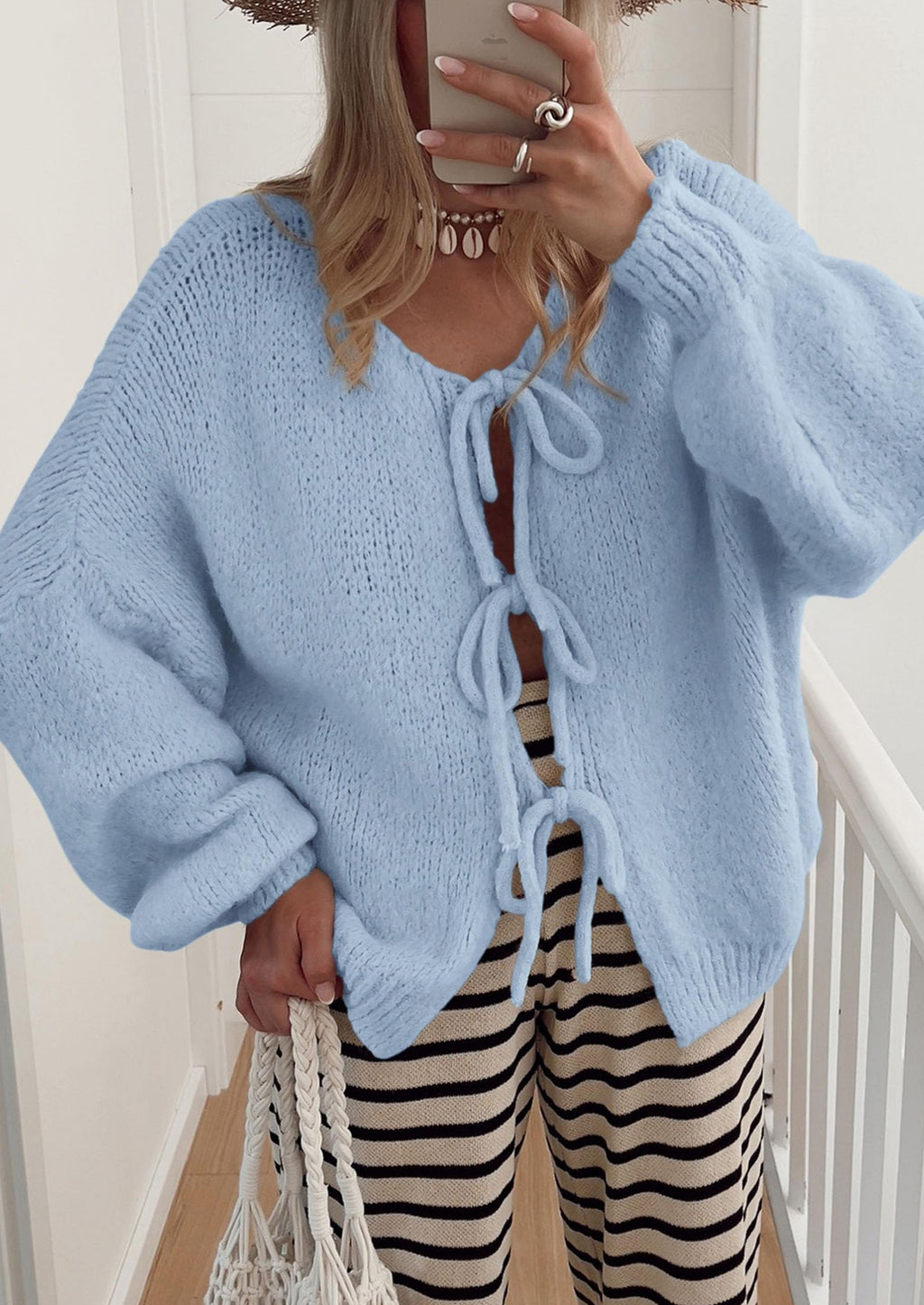 Women's Tie Front Bow Cardigan Sweaters Chunky Knit Long Puff Sleeve Trendy Fall Winter Jacket Coats