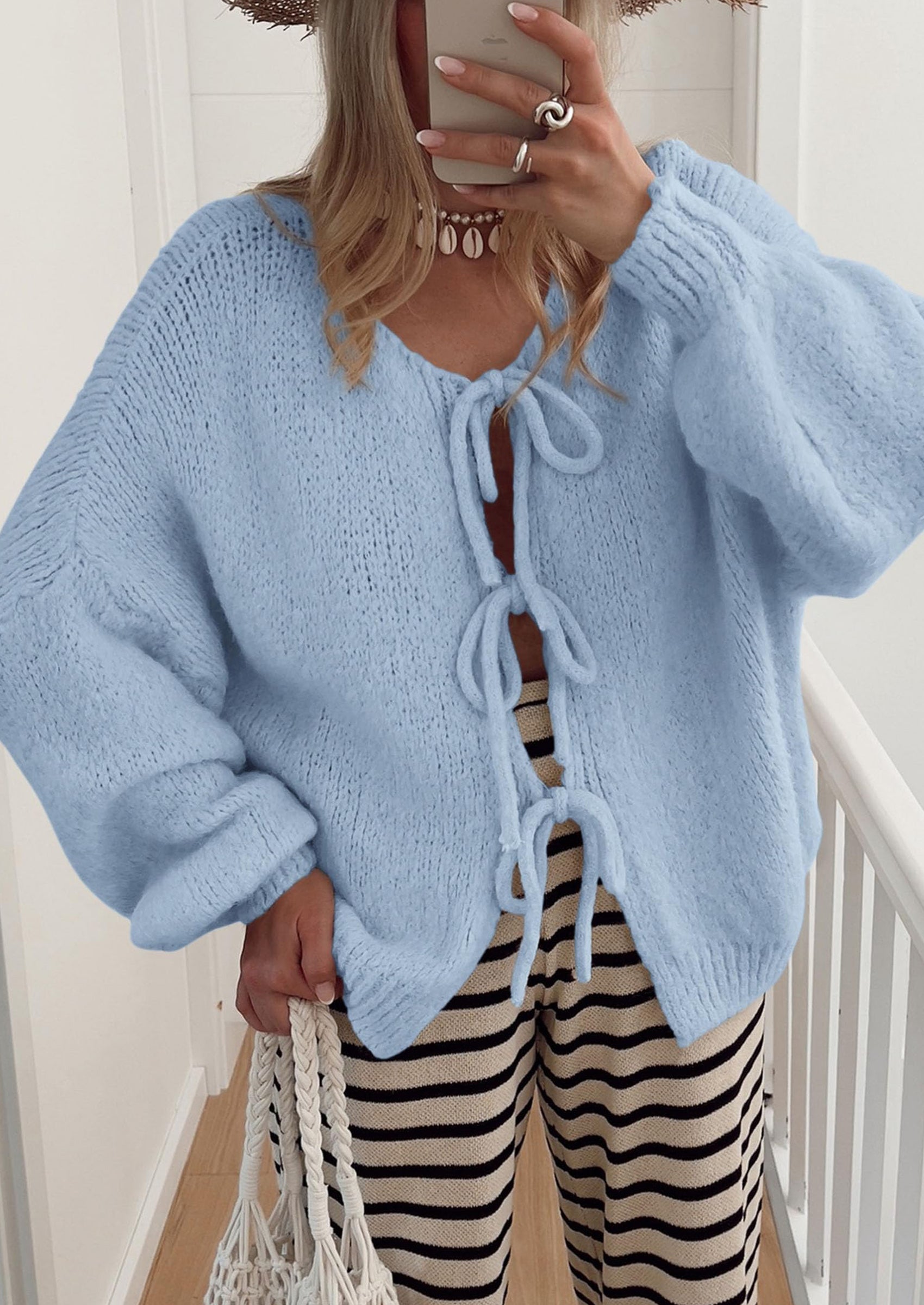 Women's Tie Front Bow Cardigan Sweaters Chunky Knit Long Puff Sleeve Trendy Fall Winter Jacket Coats