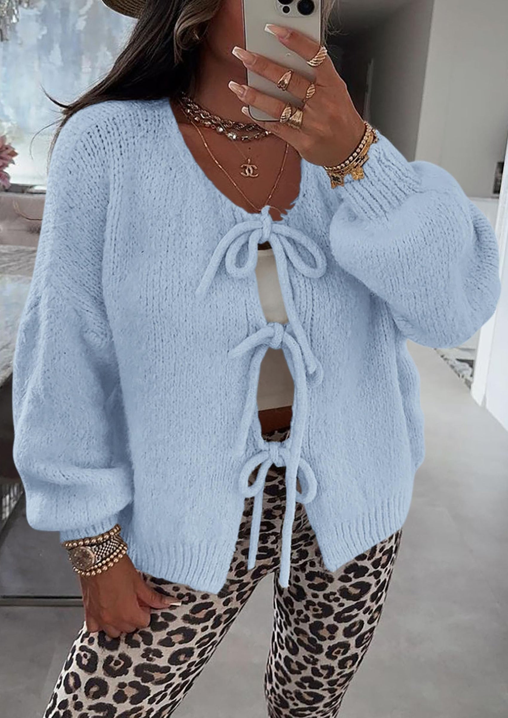 Women's Tie Front Bow Cardigan Sweaters Chunky Knit Long Puff Sleeve Trendy Fall Winter Jacket Coats