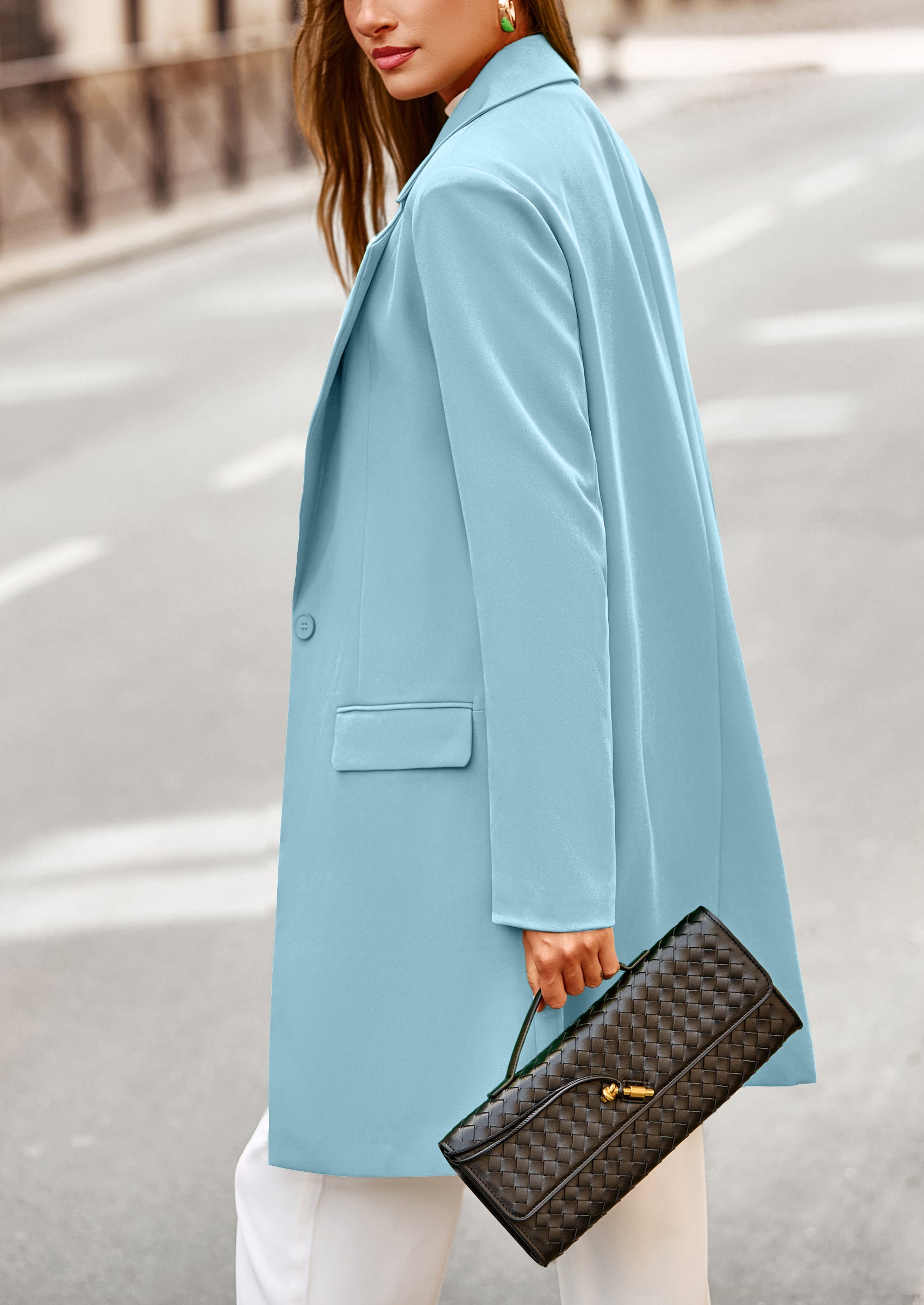 Women's Spring Fall Long Blazer Jackets Long Sleeve Lapel Pockets Loose Fit Work Casual Blazers Outerwear